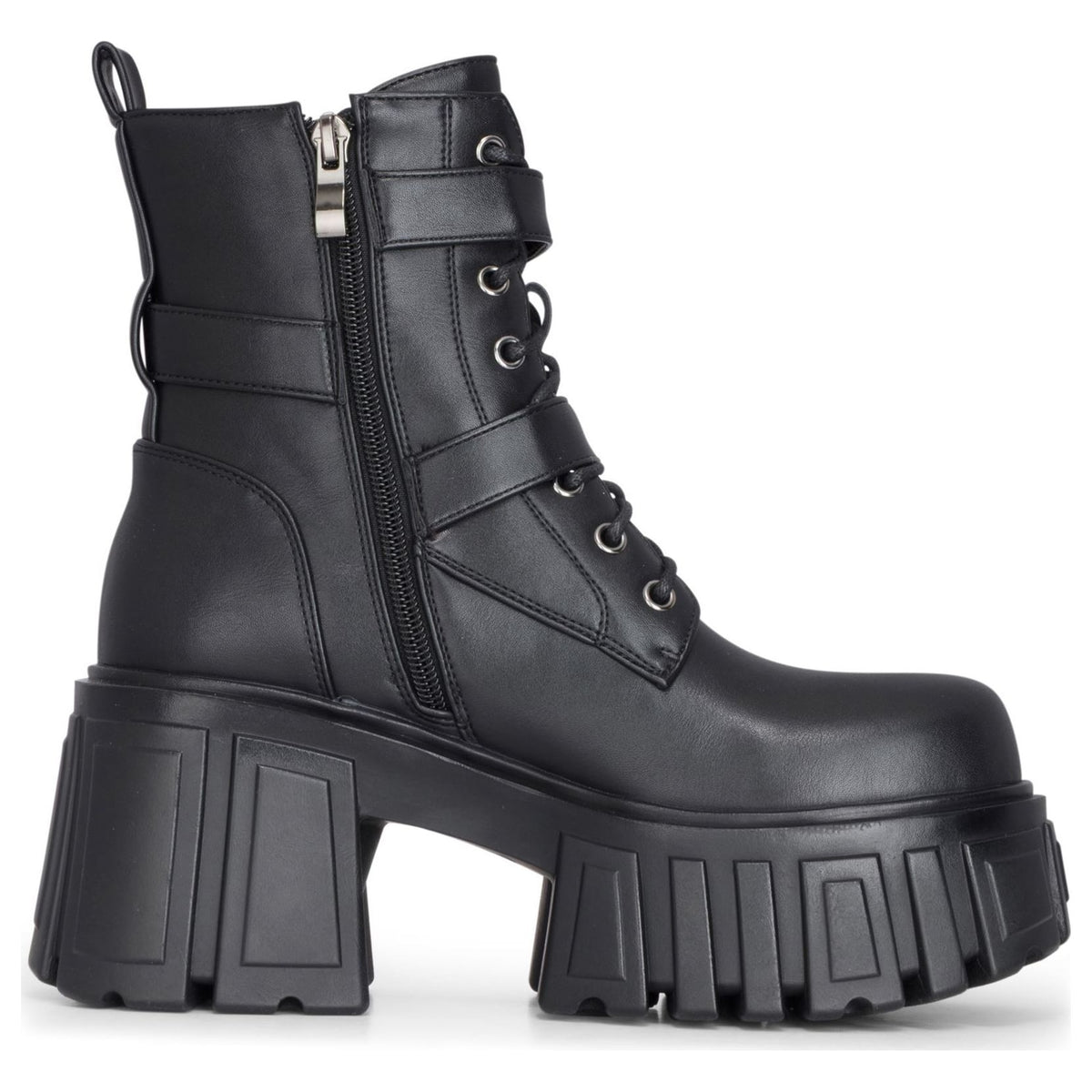 Women's Black Vegan Leather Mid-Calf Chunky Platform Combat Boots