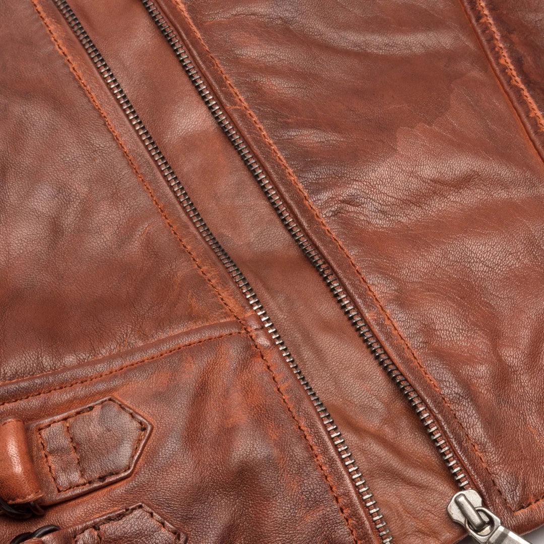 Mens Slim Fit Cross Zip Retro Vintage Brown Biker Punk Rock Real Leather Jacket - Knighthood Store