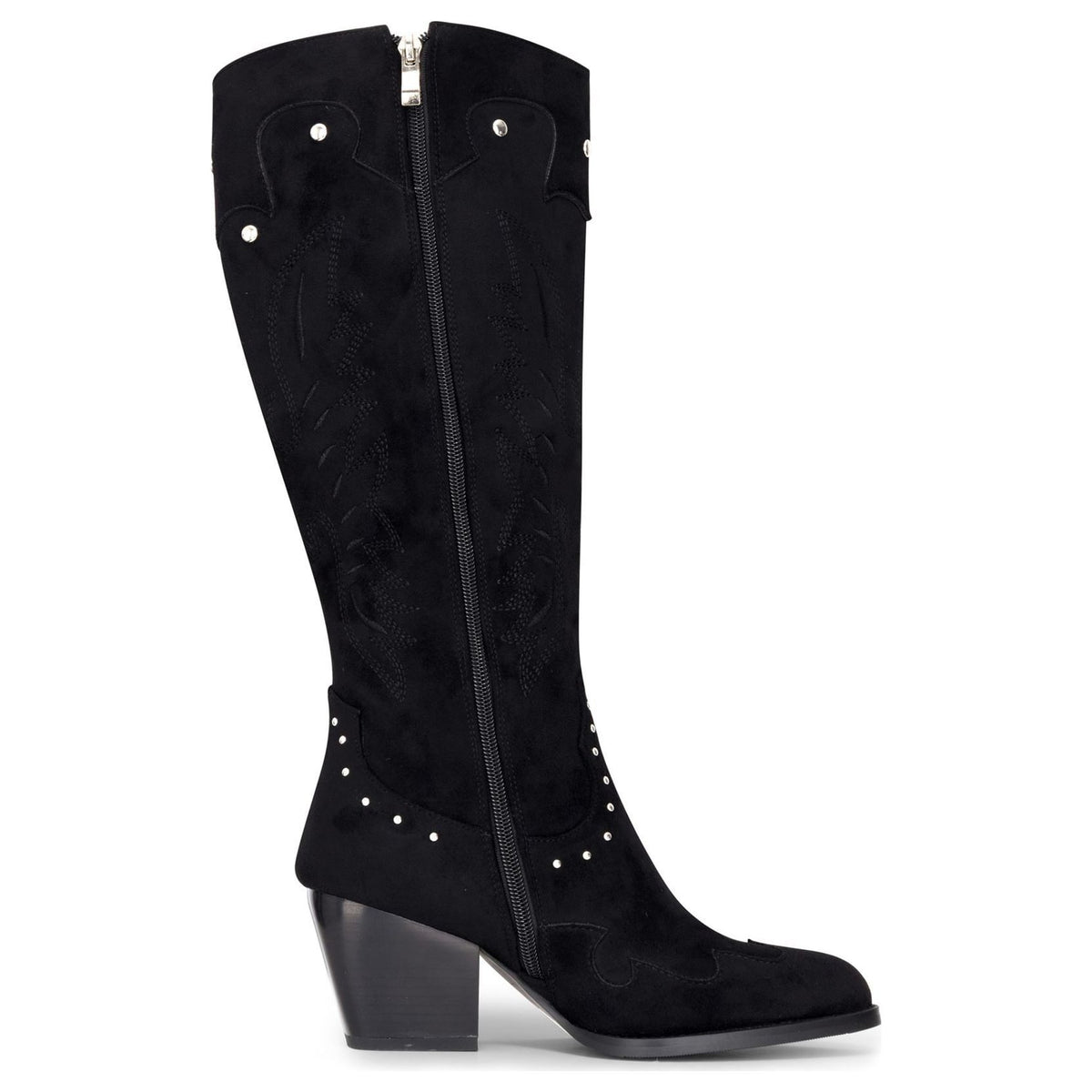 Women's Black Vegan Suede Knee-High Western Studded Cowboy Boots