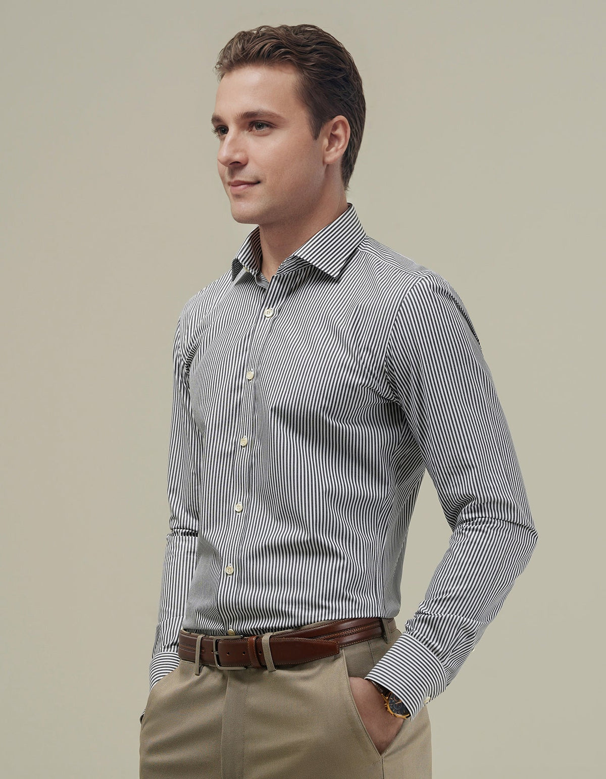 Men's Black and White Striped Formal Shirt