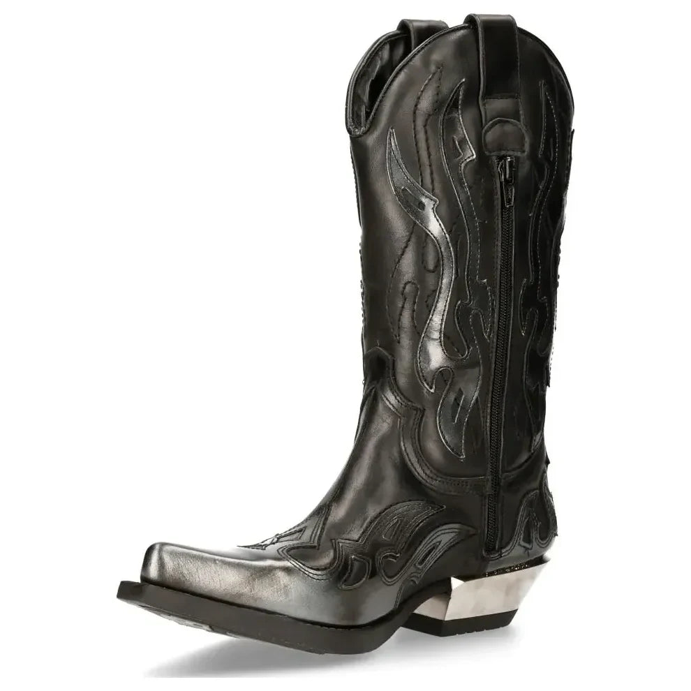 Men's New Rock M-7921-S3 Silver Flame Boots Black Leather Western