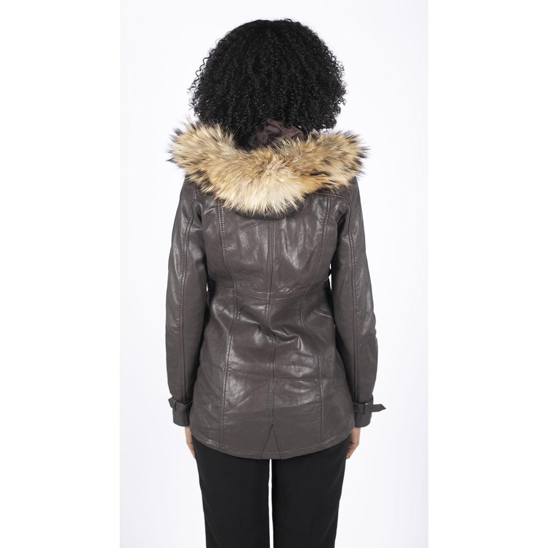 Womens Real Leather Parka Coat 3/4 Removable Hood Fur Button Cover Zipped - Knighthood Store