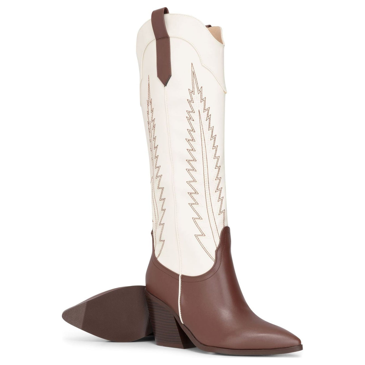 Women's Two-Tone Brown Cream Vegan Leather Western Knee-High Cowboy Boots