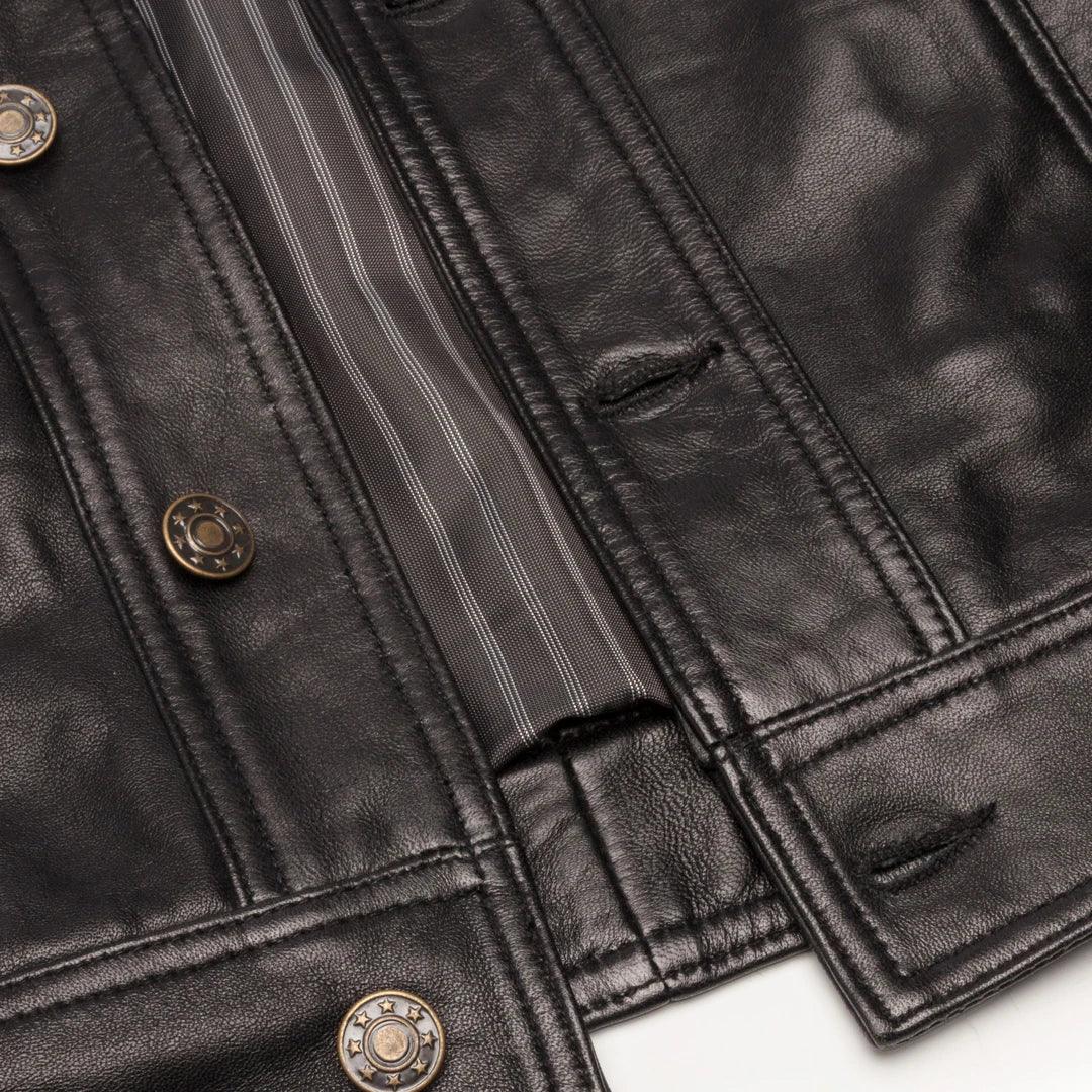 Mens Vintage Retro Jeans Jacket Style Real Leather Short Washed Biker - Knighthood Store