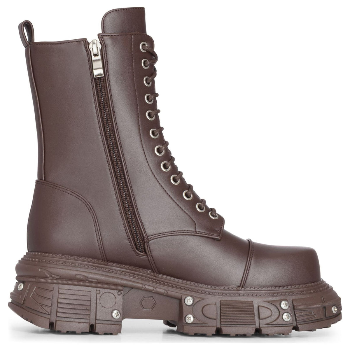 Women's Brown Vegan Leather Platform Mid-Calf Combat Boots