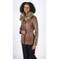 Womens Real Leather Short Parka Jacket Coat Fur Hood Zipped Brown Tan Black - Knighthood Store