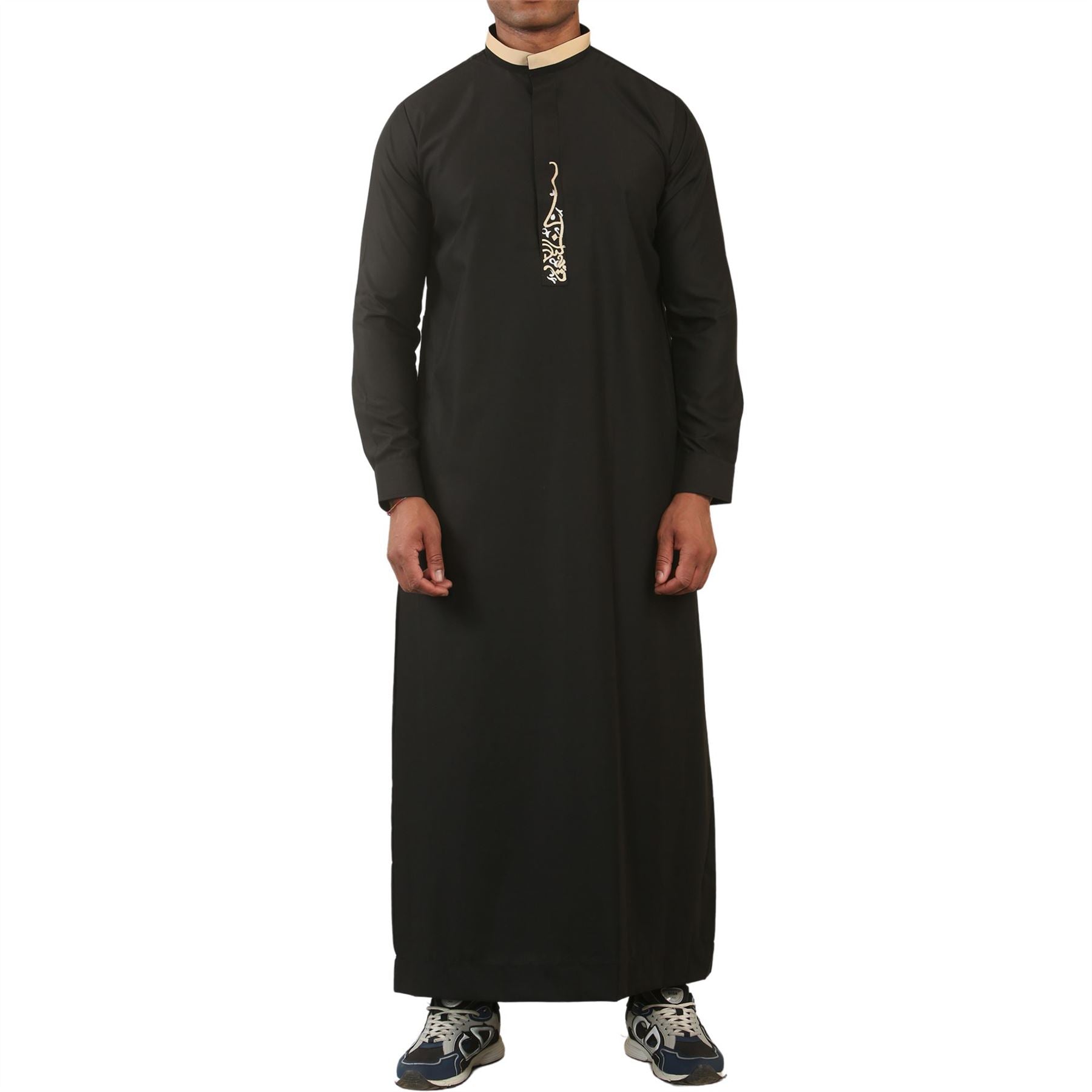 Men's Thobe Jubba Nehru Round Collar Islamic Clothing Muslim Kaftan Embroidery Eid Robe Saudi