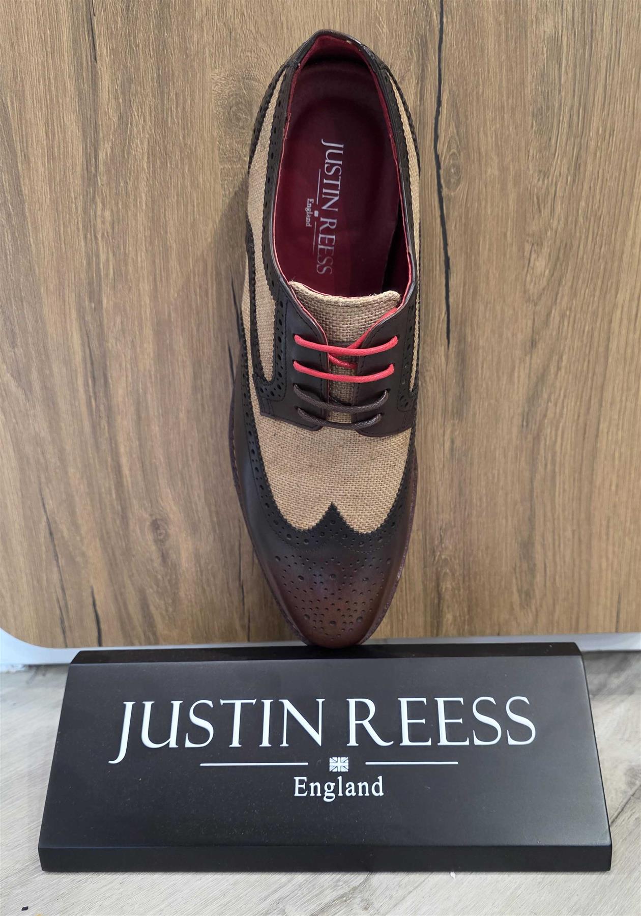 Cole - Men's Brown Leather Canvas Detailing Brogue Shoes