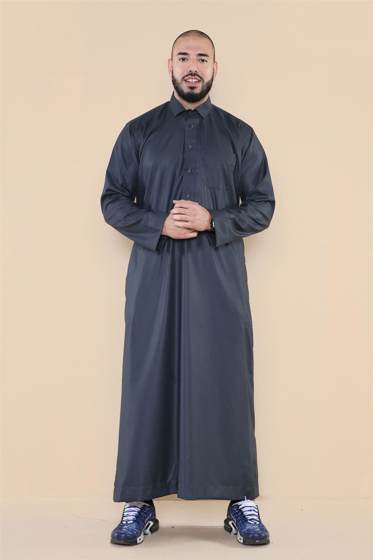 Mens Thobe Jubba Turn Down Collar Islamic Muslim Cotton Kaftan Dress Robe Arabic