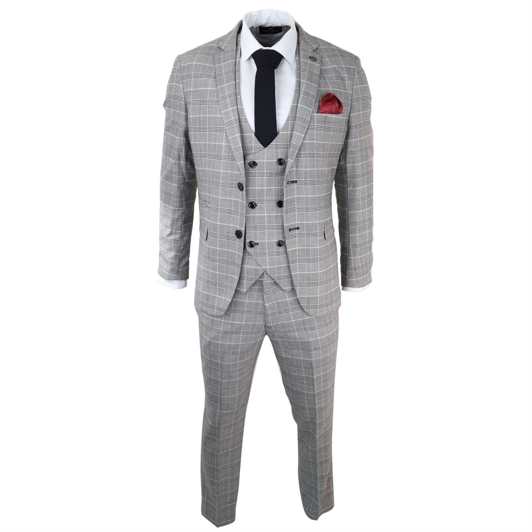 Mens Marc Darcy Grey Prince Of Wales Check Suit Ross Office Wedding Slim Fit Classic - Knighthood Store