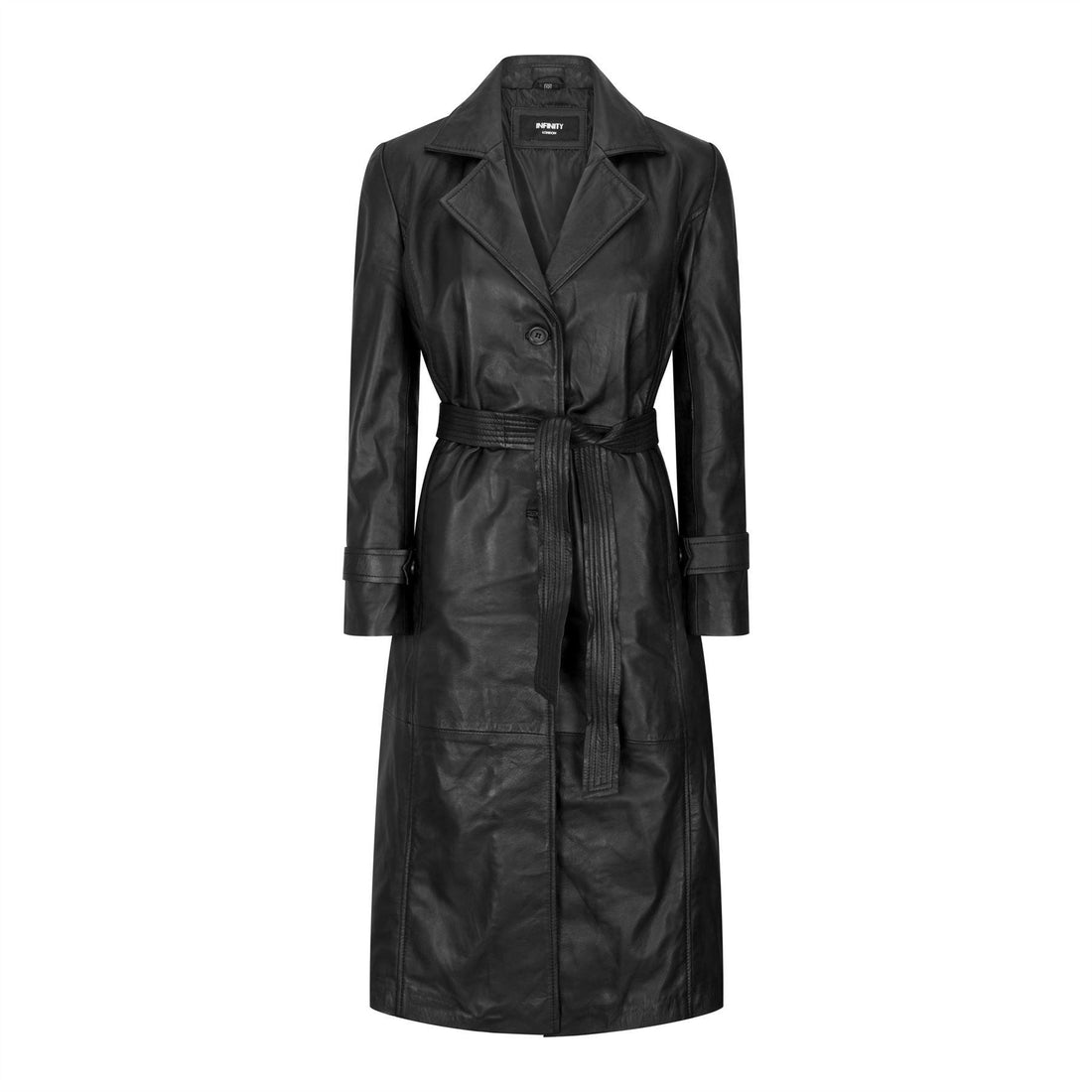 Womens Real Leather Trench Coat Mac Classic 3/4 Long Black 1980s Vintage Retro - Knighthood Store