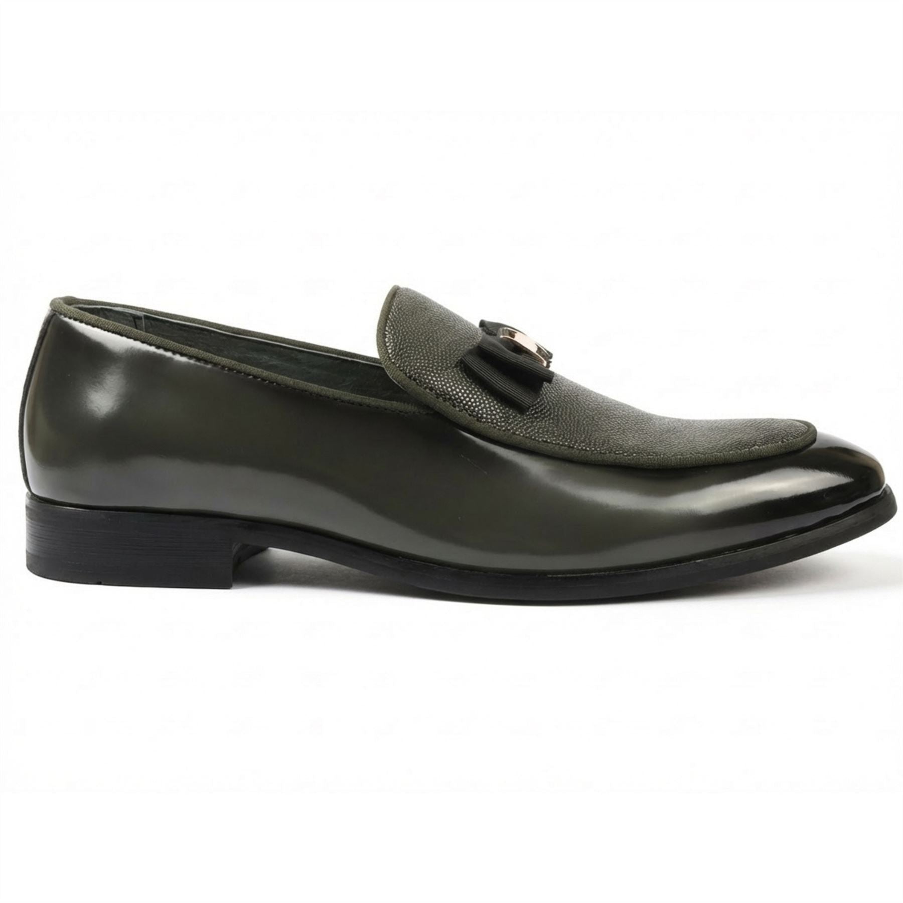 Men’s Formal Dress Loafers Patent PU Leather Textured Front Iconic Buckle Bow Modern Slip-On Shoes