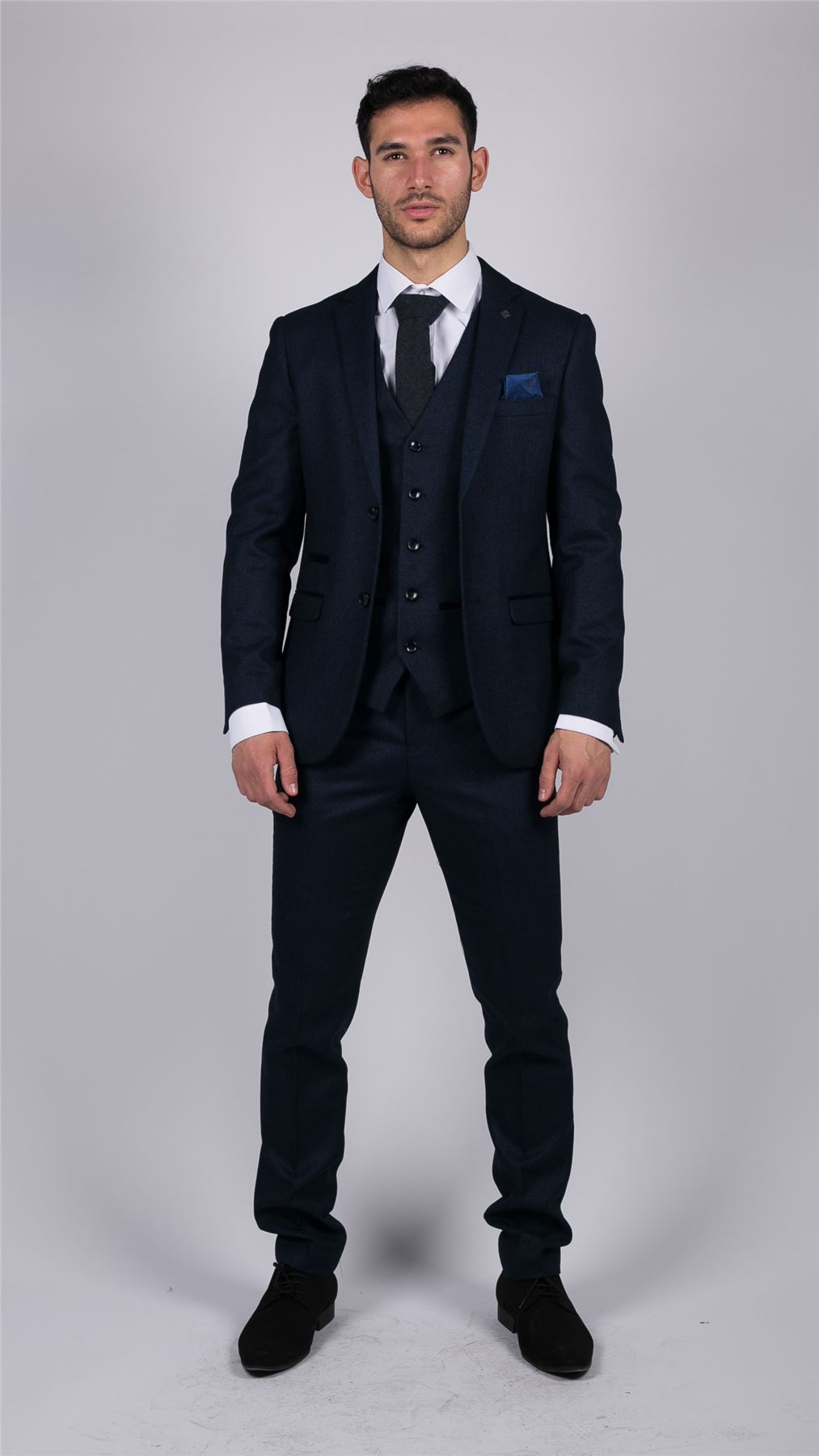 Mens Navy Blue 3 Piece Suit Birdseye Suit Wedding Prom Formal Smart Classic