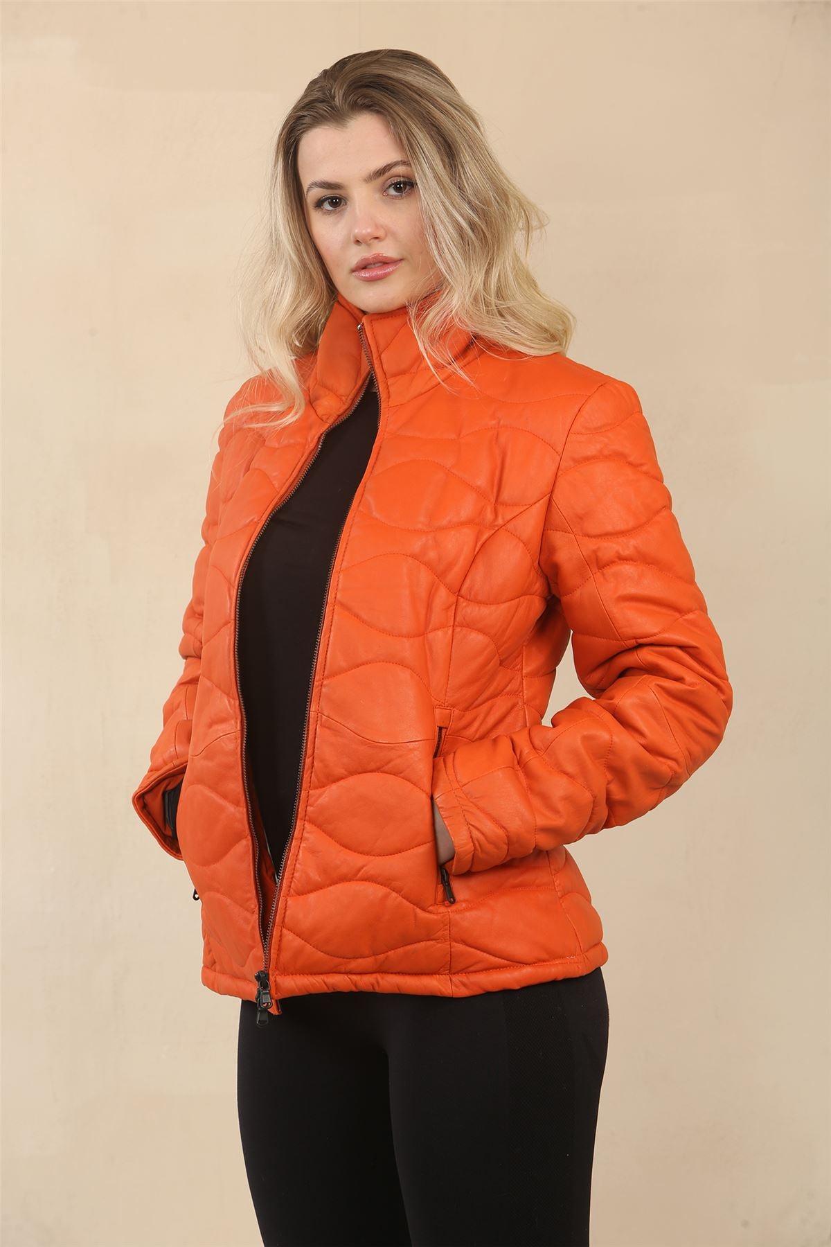 Women's Puffer Quilted Mid Length Leather Jacket
