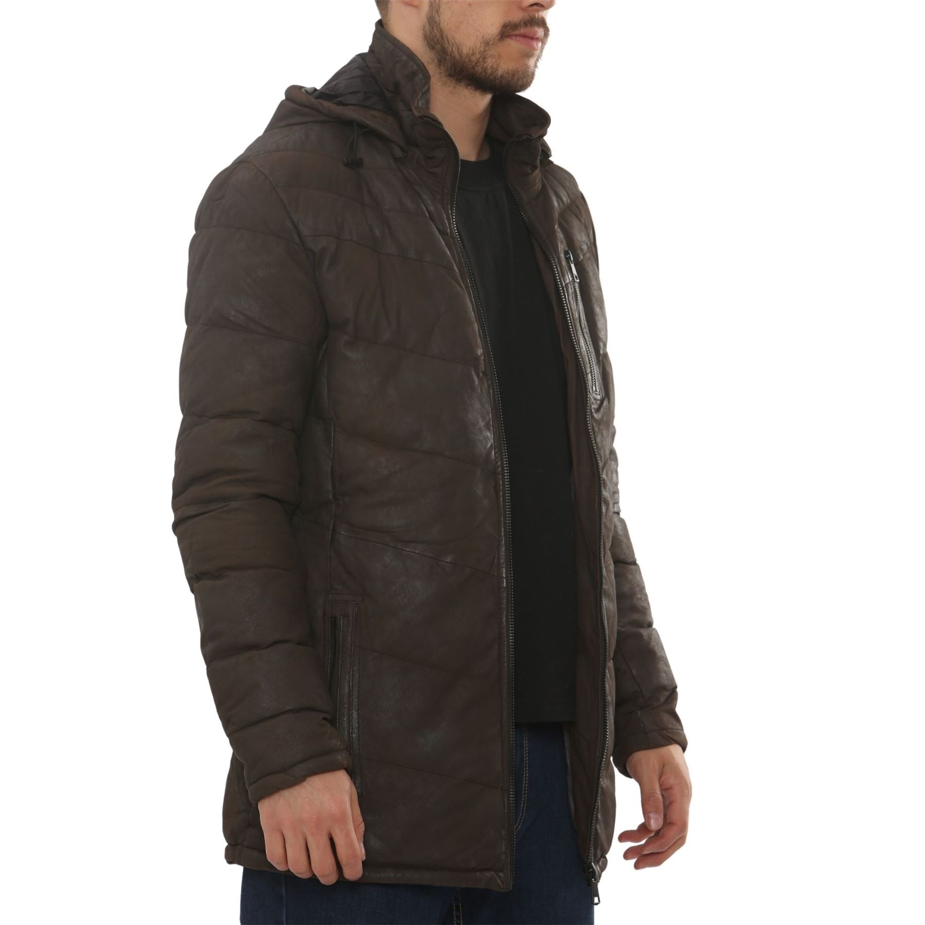 Men's Leather Puffer Jacket Hooded Quilted Winter Coat