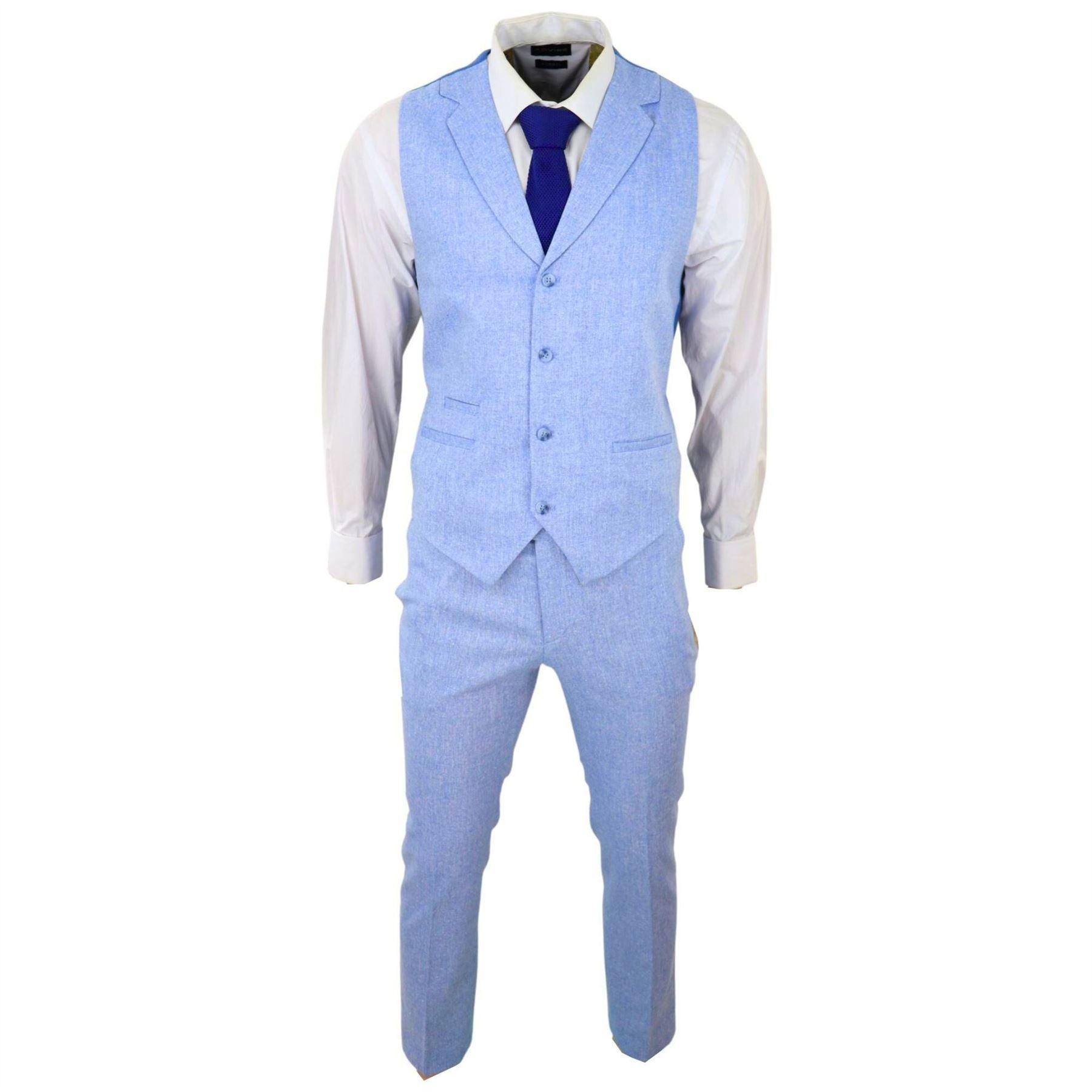 Mens Summer Suit Waistcoat Trousers Linen Smart Formal Royal Blue Wedding - Knighthood Store