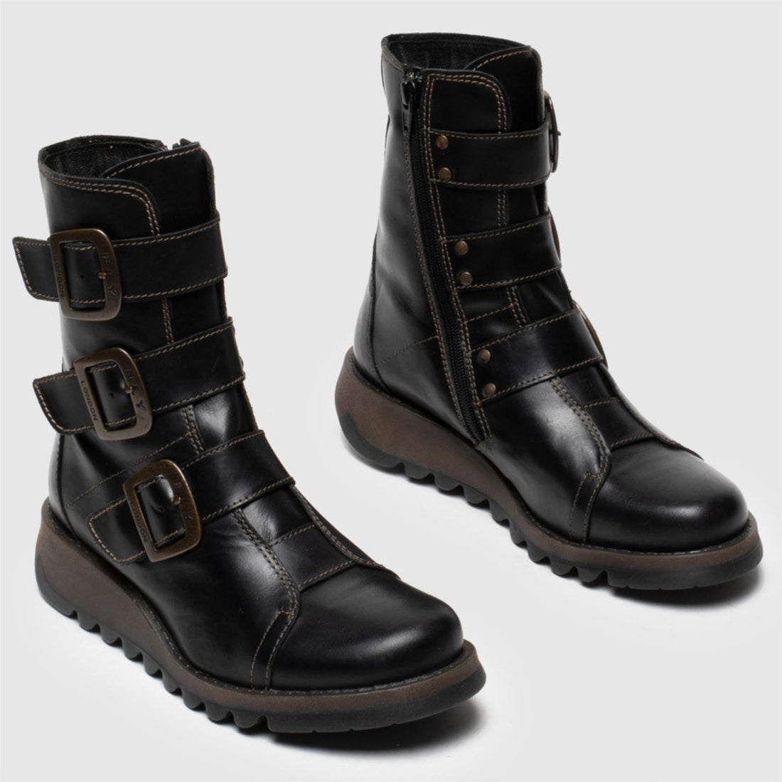 SCOP110FLY - Women's Buckle Strap Leather Biker Ankle Boots