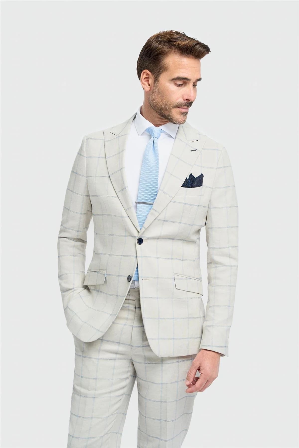 Men's Suit Grey 2 Piece Lightweight Linen Checked Formal Dress Suits