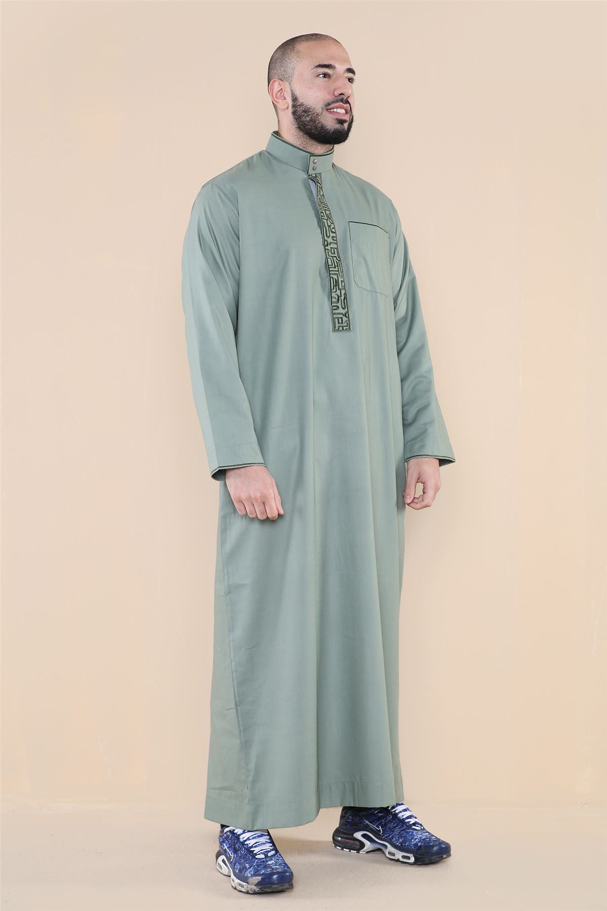 Mens Thobe Jubba Nehru Stand Collar Islamic Clothing Muslim Cotton Kaftan Embroidery Eid Robe Saudi