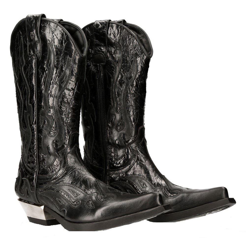 NEW ROCK M-7921-S1 BLACK FLAME BOOTS Black Leather Heavy Biker Western Cowboy - Knighthood Store