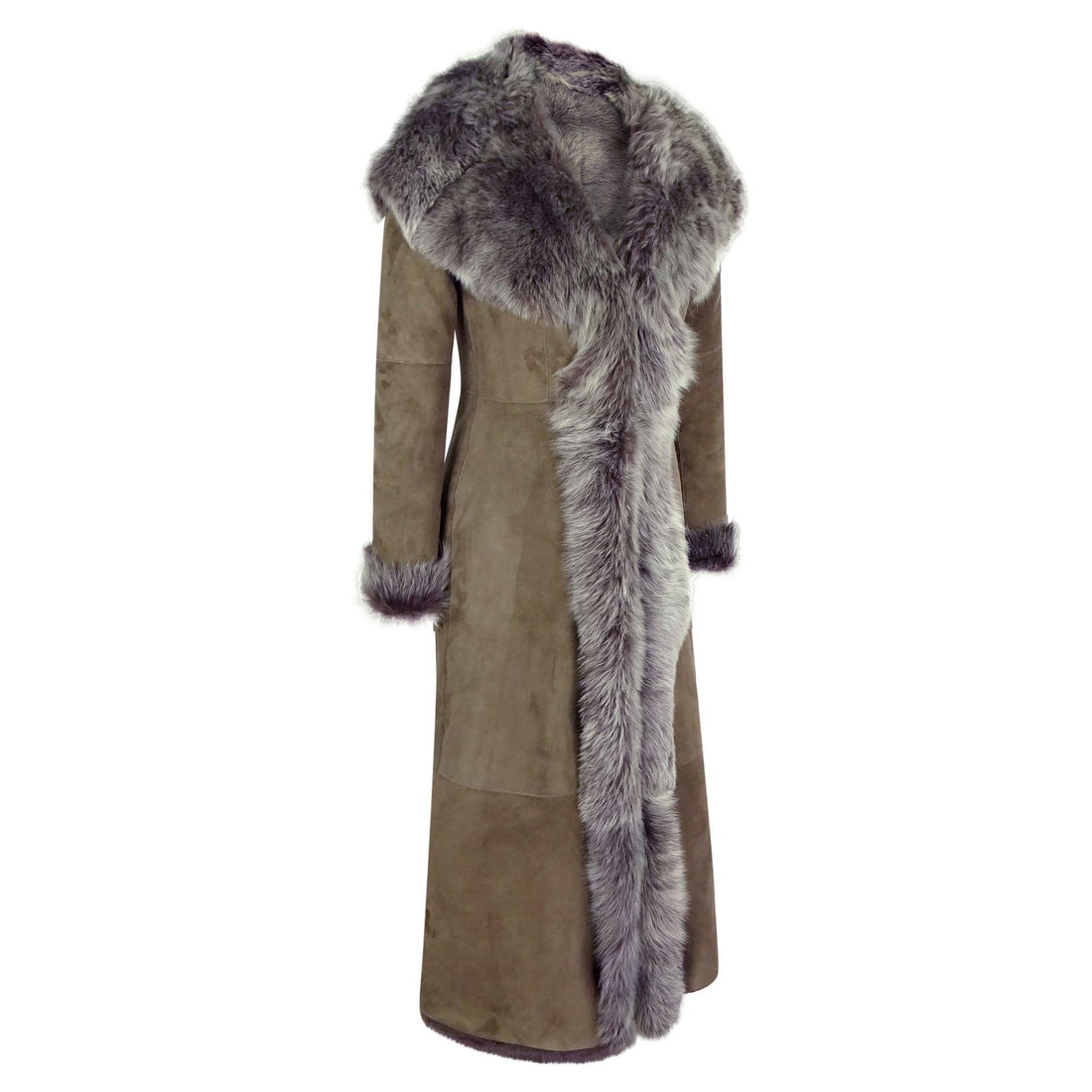 Ladies Suede Toscana Full Length Hooded Taupe Sheepskin Leather Trench Coat - Knighthood Store