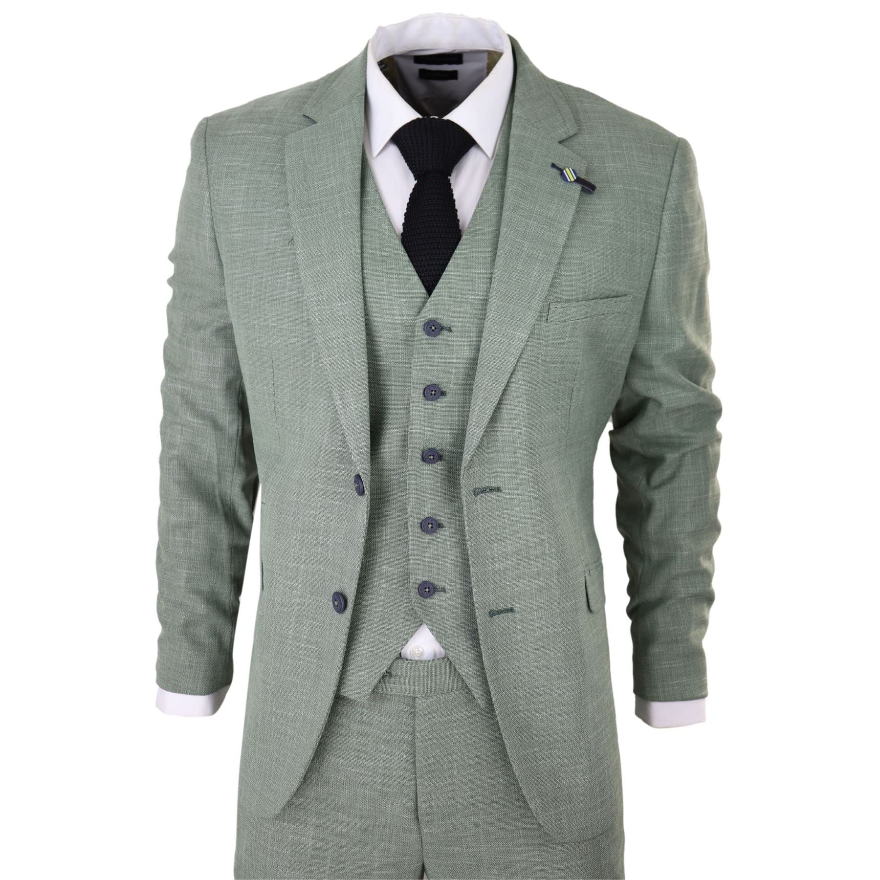 Mens 3 Piece Suit Sage Green Summer Linen Tailored Fit Wedding Prom Classic