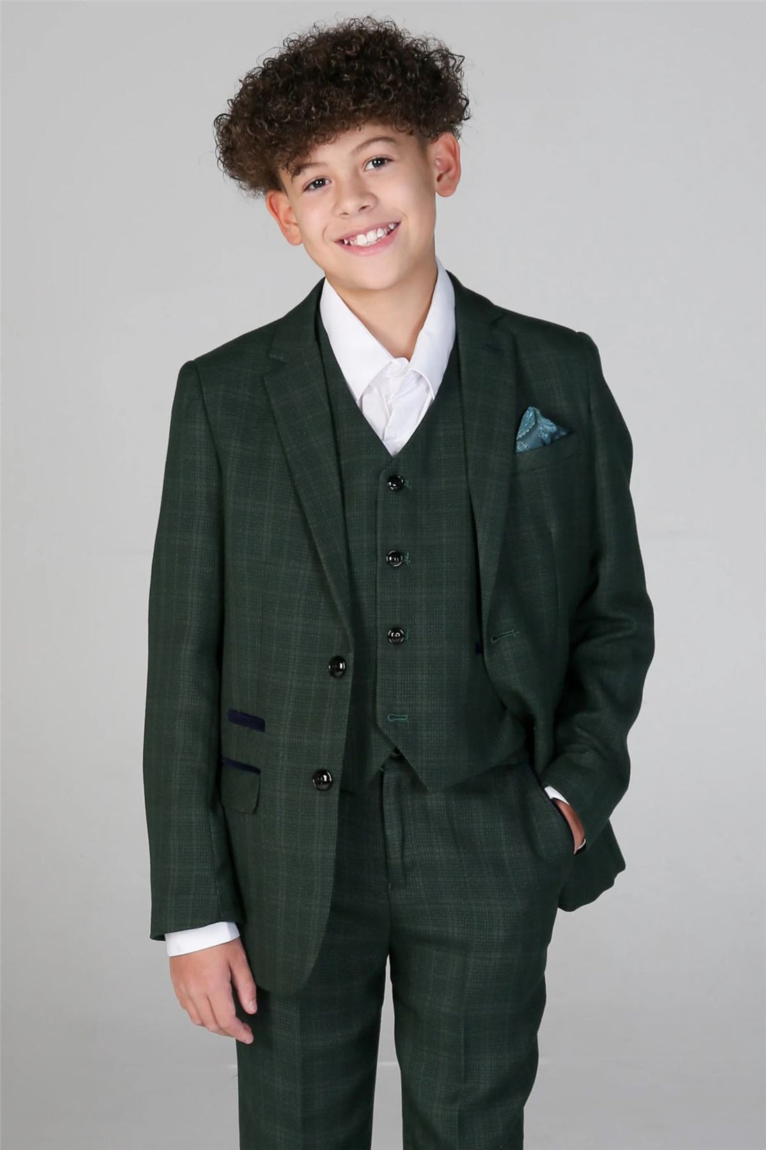 Boys Green 3 Piece Checked Suit