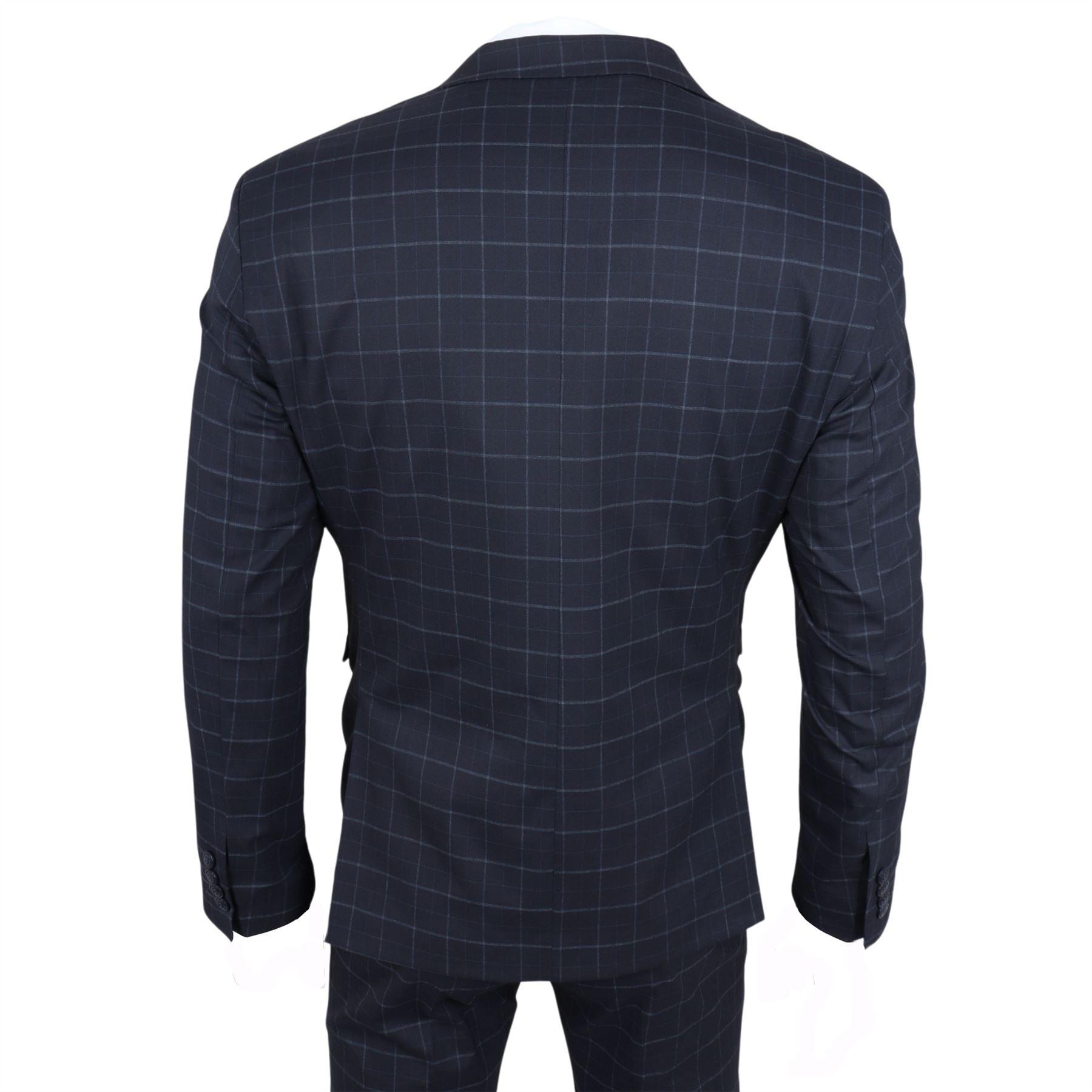 Men's Suit Navy Blue Checked Tailored Fit 3 Piece Formal Dress - Knighthood Store