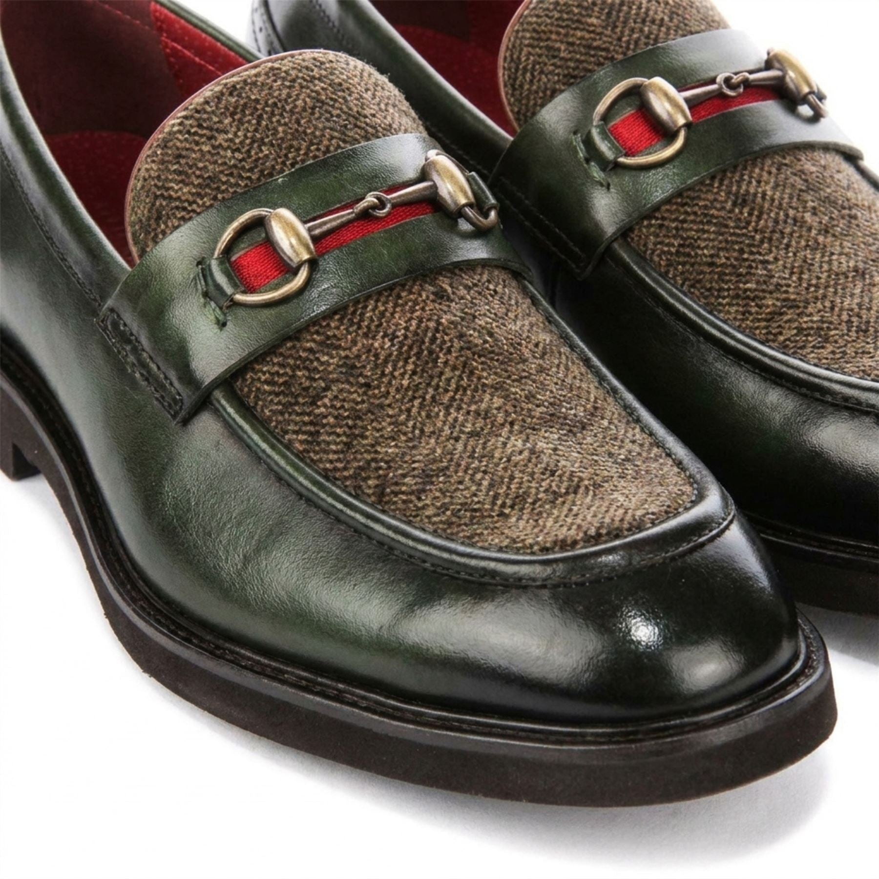 Tristian - Men's Green Leather Herringbone Tweed Loafers