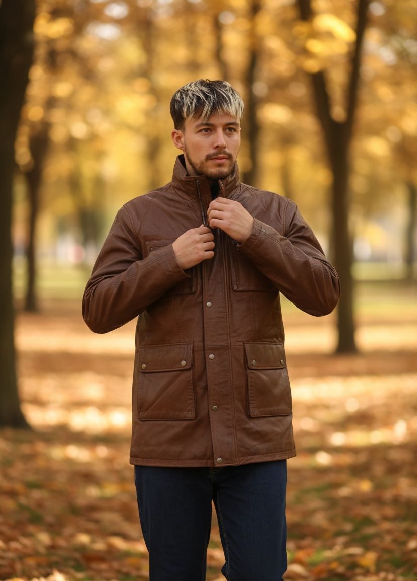 Men's Lambskin Leather Stand Collar Field Jacket