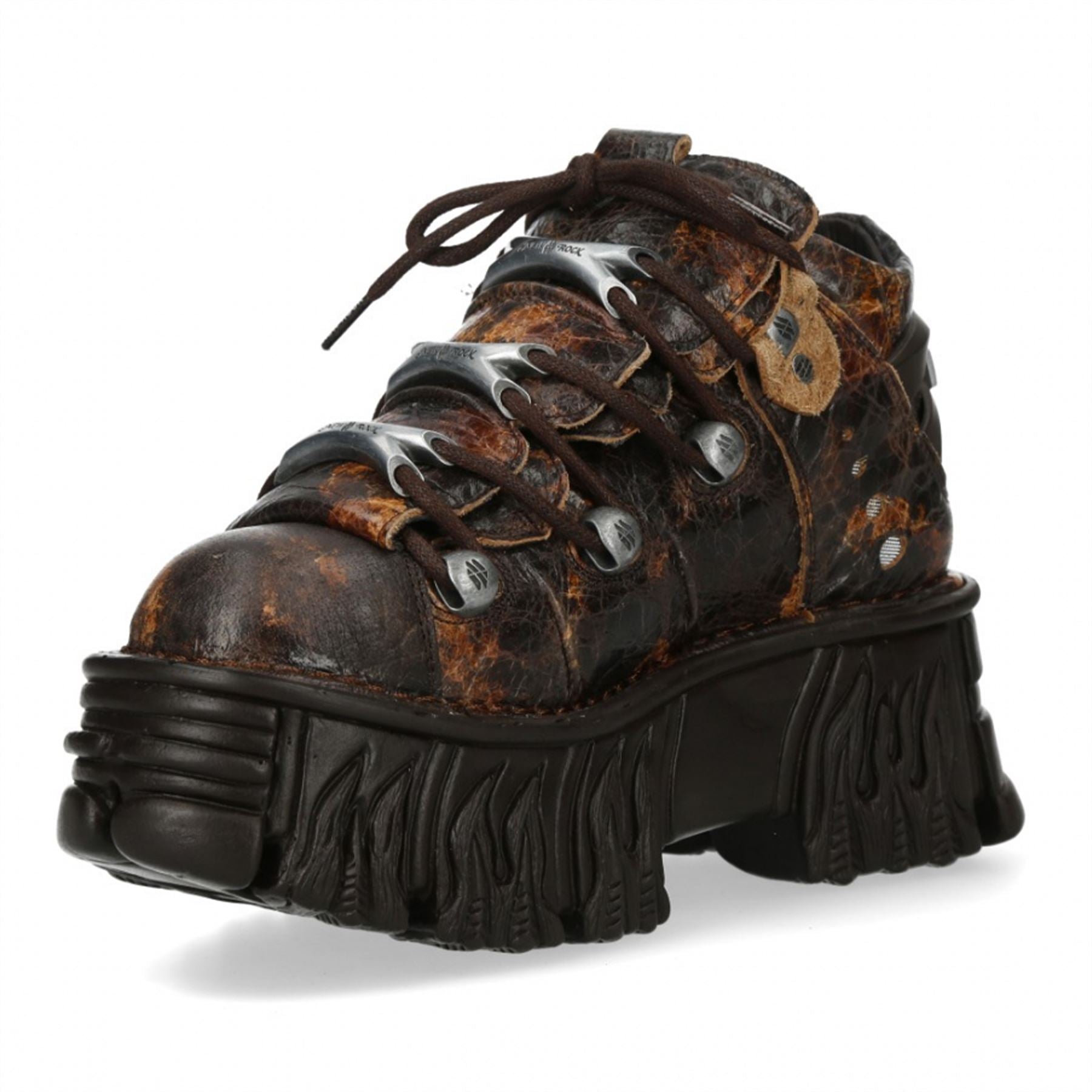 New Rock M-106-C194 Brown Flame Leather Ankle Platform Boots