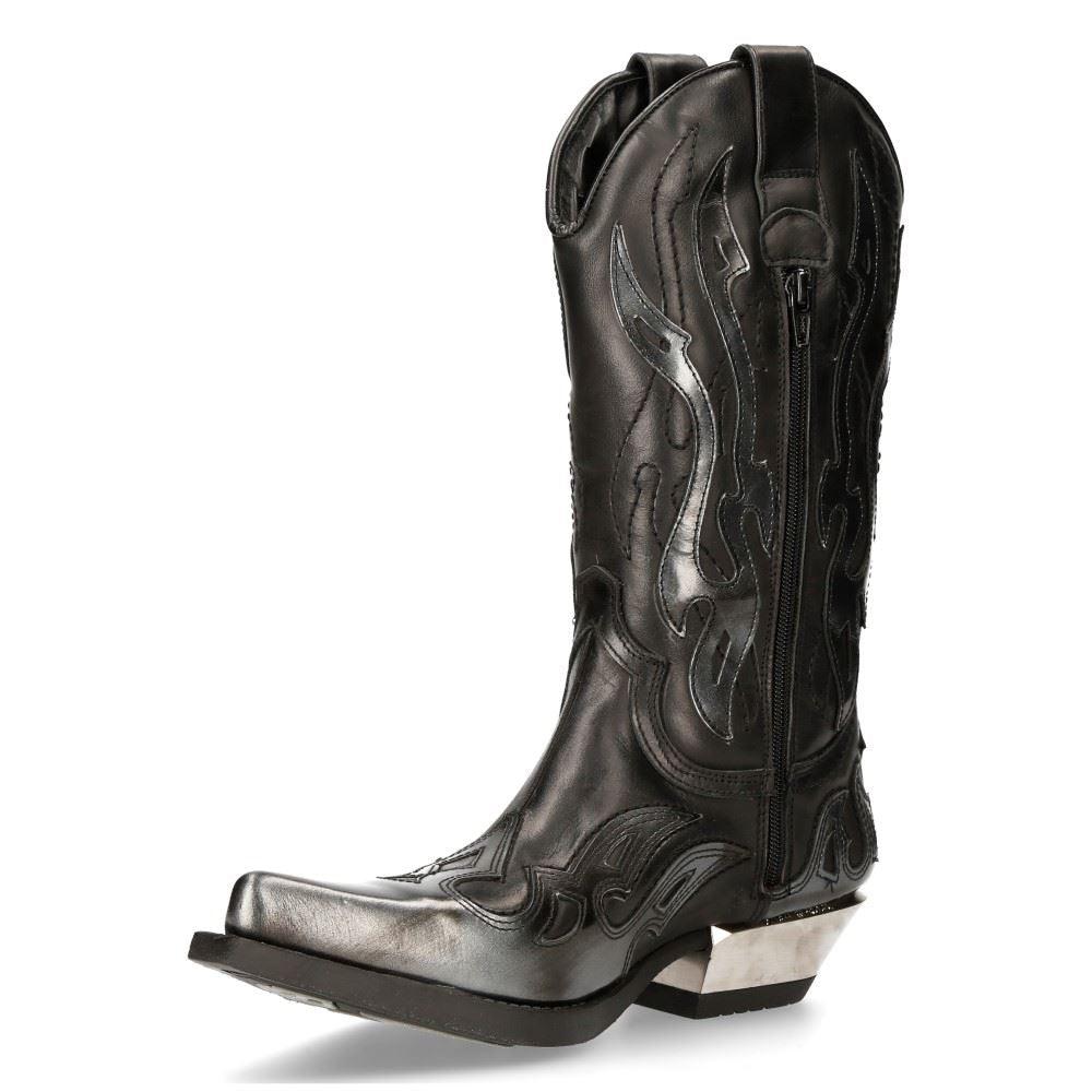 New Rock M-7921-S3 Silver Flame Boots Black Leather Heavy Biker Western Cowboy - Knighthood Store