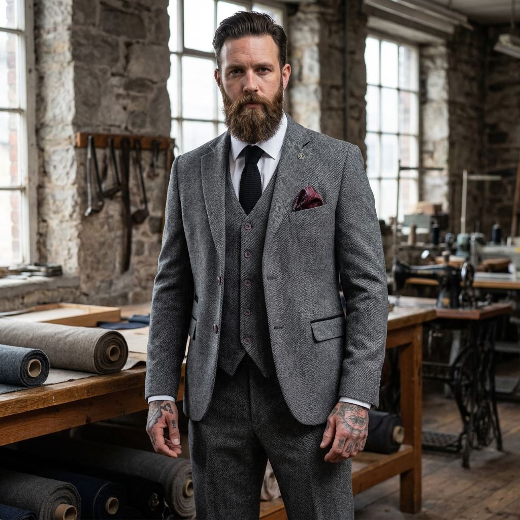 IM41 - Men's Grey 3 Piece Tweed Herringbone Suits