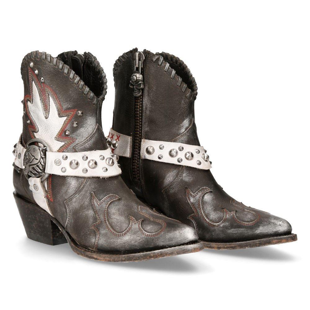 New Rock WSTM004-S2 Grey White Leather Cowboy Western Pointed Boots Vintage - Knighthood Store