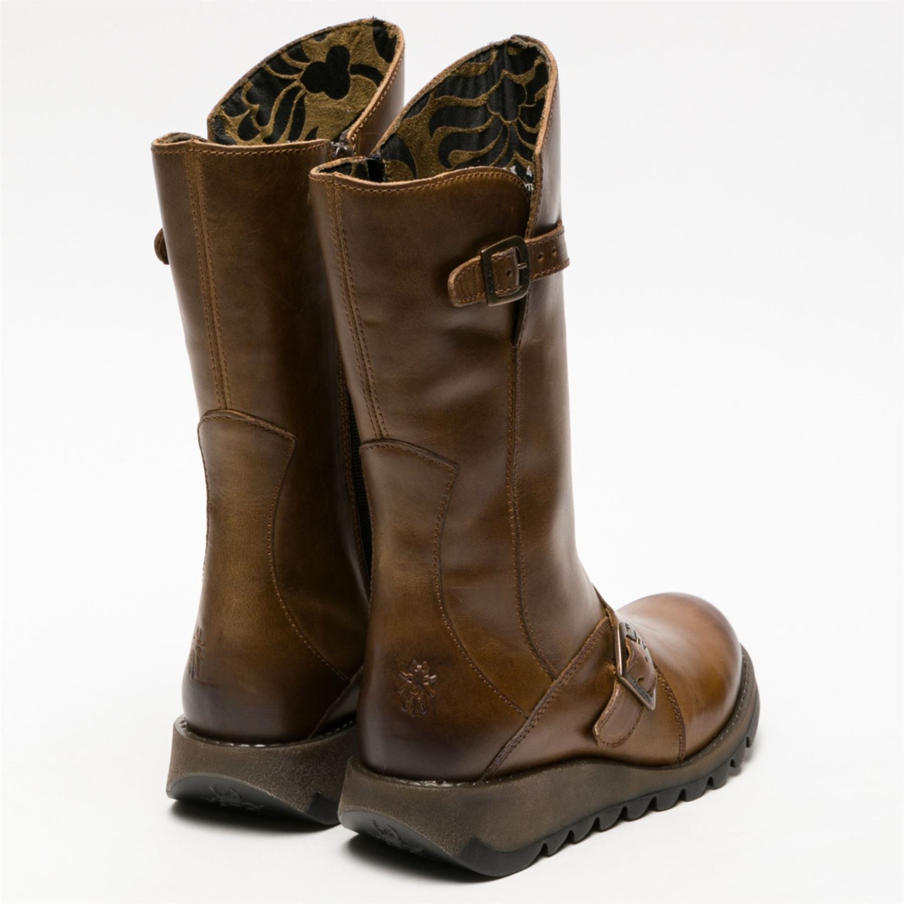 MES2913 - Women's Wedge Heel Buckle Mid Calf Leather Boots