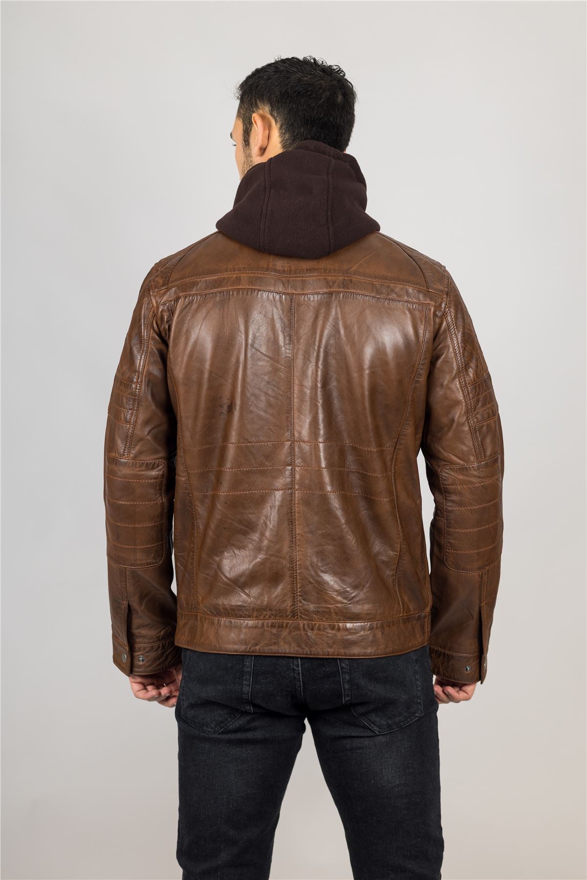 Men's Brown Hooded Genuine Leather Motorcycle Biker Jacket
