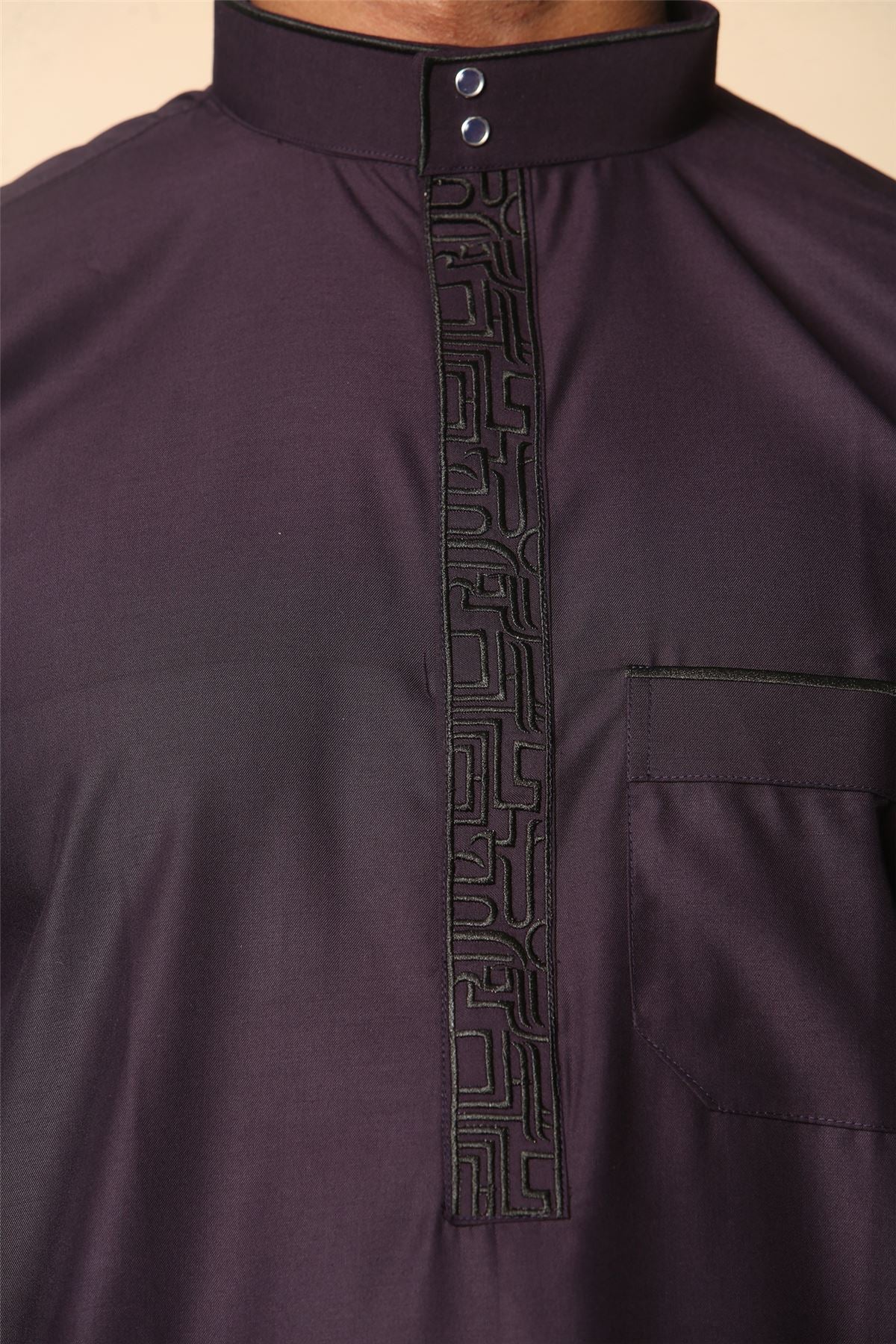 Mens Thobe Jubba Nehru Stand Collar Islamic Clothing Muslim Kaftan Embroidery Eid Robe Saudi | Purple