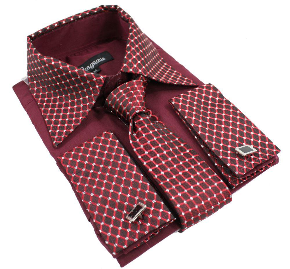 Mens Button Shirt Tie Cuff Link & Hankie Black Silver Shiny Trim Design - Knighthood Store