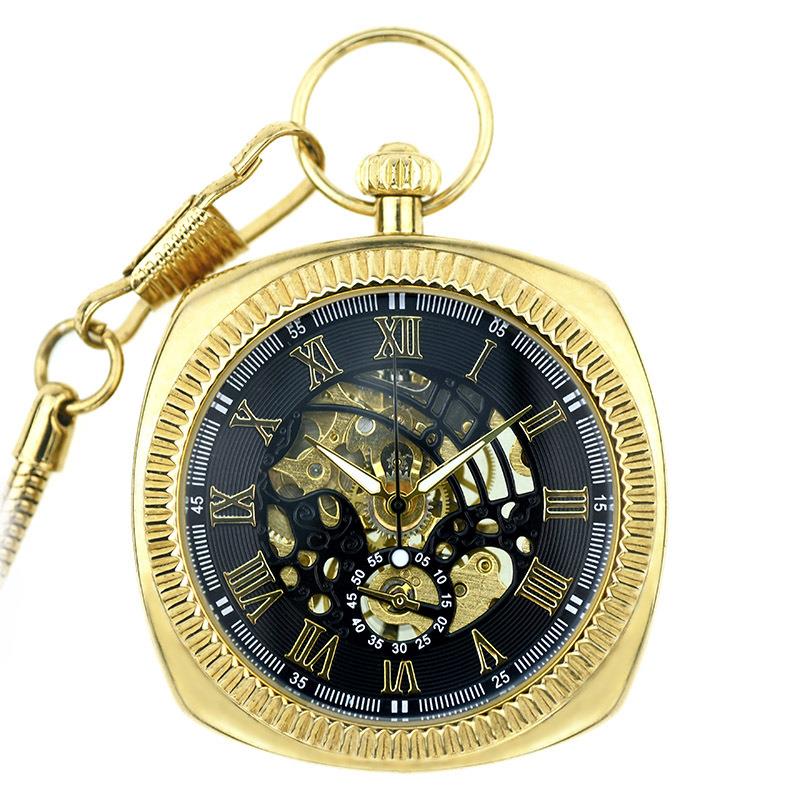 Mechanical Skeleton Open Face Square Pocket Watch