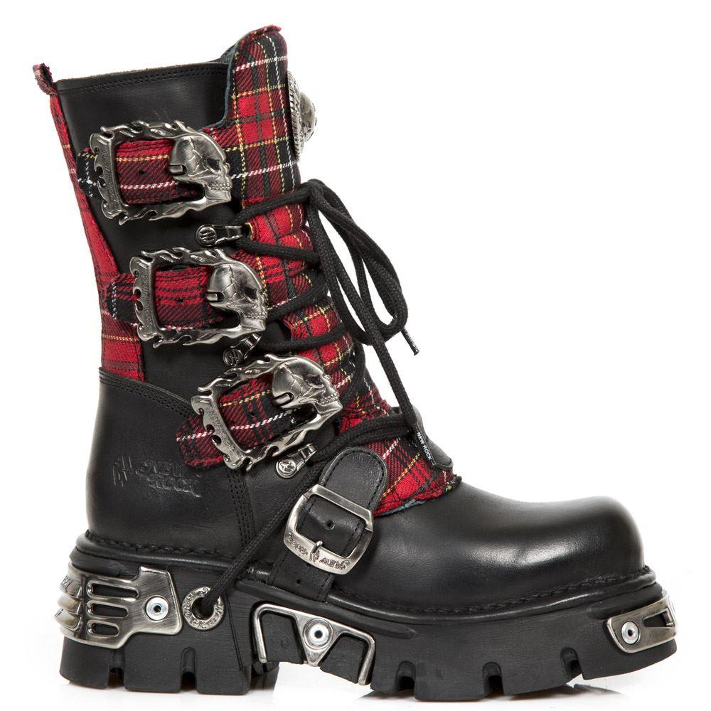 New Rock 391T-S1 Black Leather Tartan Gothic Boots Punk EMO Military - Knighthood Store