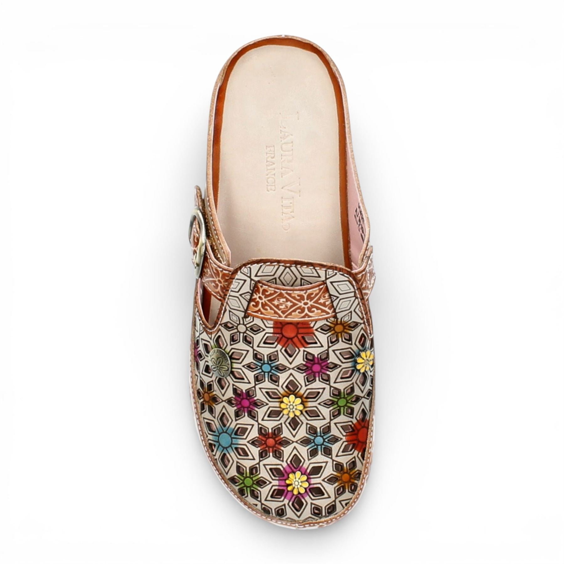 Dorry 01 - Women’s Floral Beige Leather Wedge Slipper
