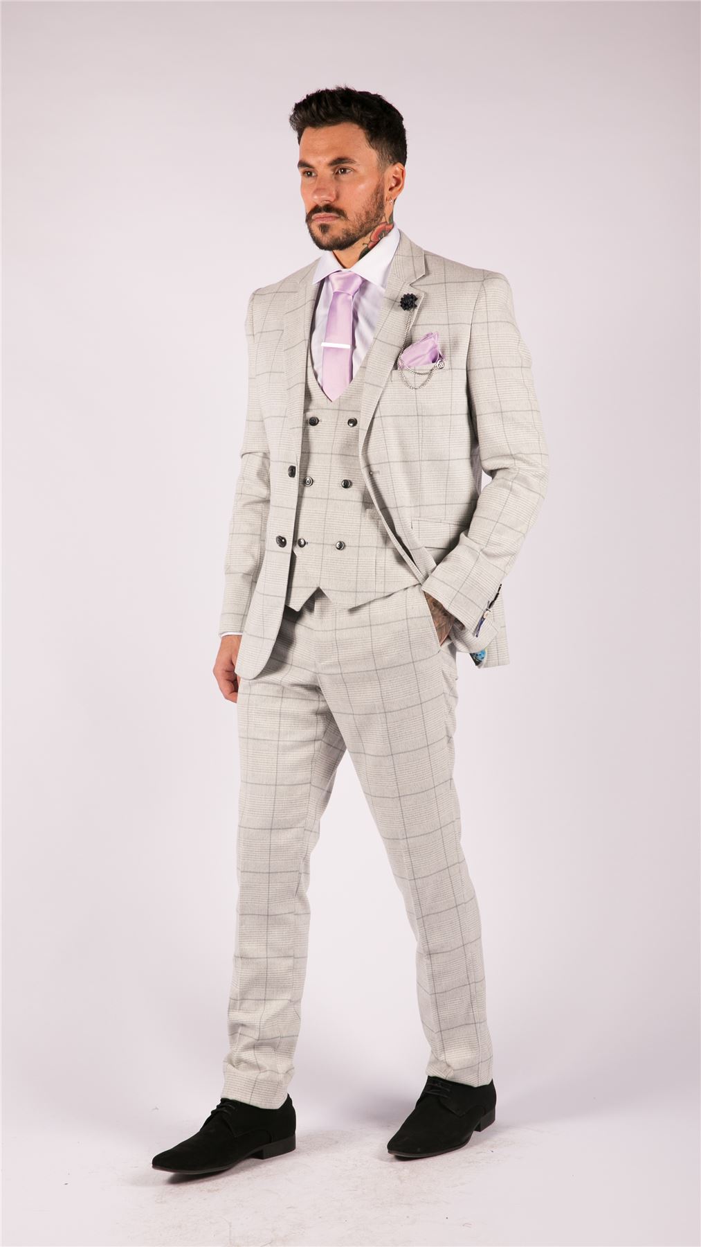 Mens Light Grey Check 3 Piece Suit Double Breasted Waoistcoat Tailored Fit