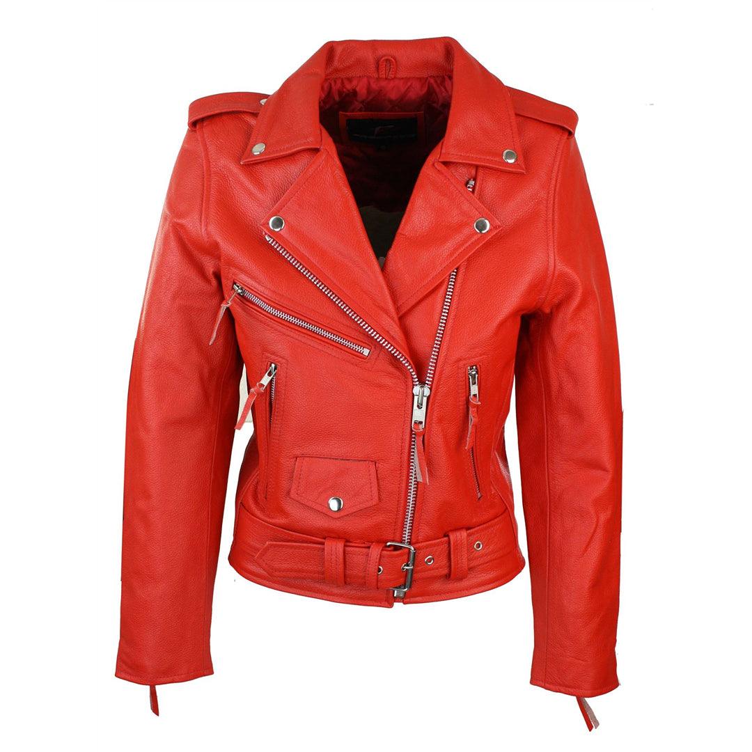 Ladies Women Classic Brando Biker Motorcycle Motorbike Hide Leather Jacket - Knighthood Store