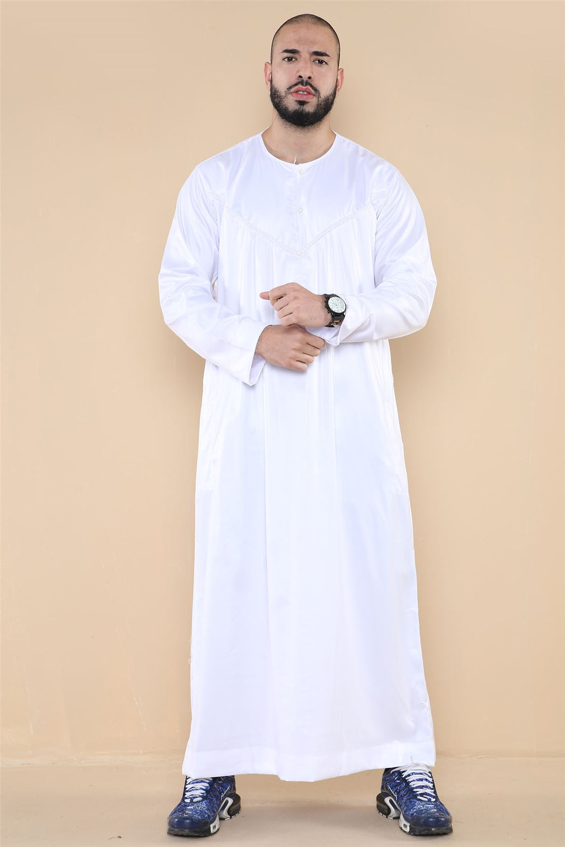 Mens Thobe Jubba Islamic Clothing Muslim Kaftan Emirati Omani Robe Satin Shiny