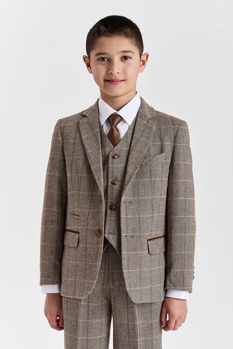 Harris - Boys Brown 3 Piece Wool Blend Tweed Suit