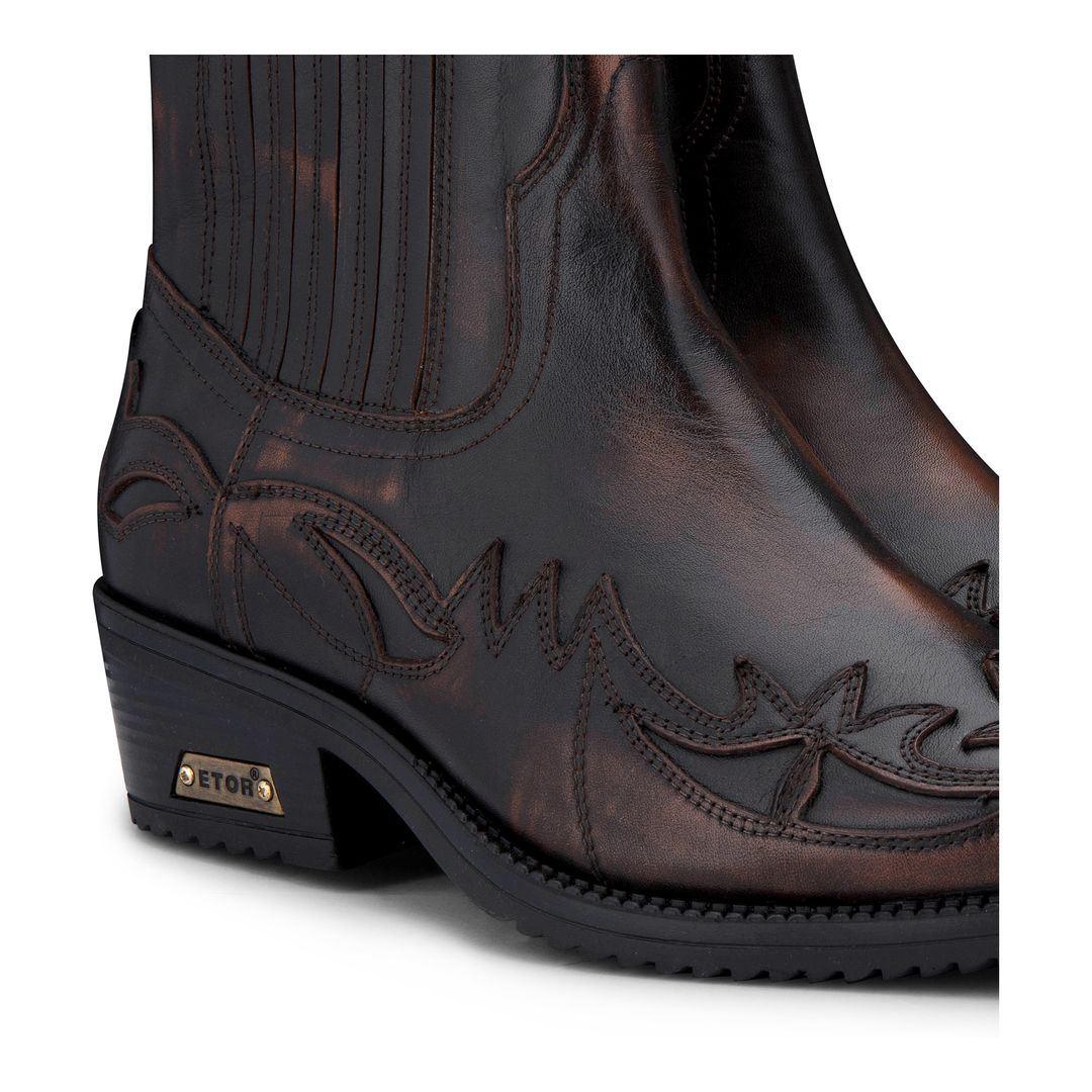 Mens Black Brown Slip On Ankle Boots Vintage Genuine Leather Cowboy Riding Pattern Wincklepickers Cuban Heel - Knighthood Store