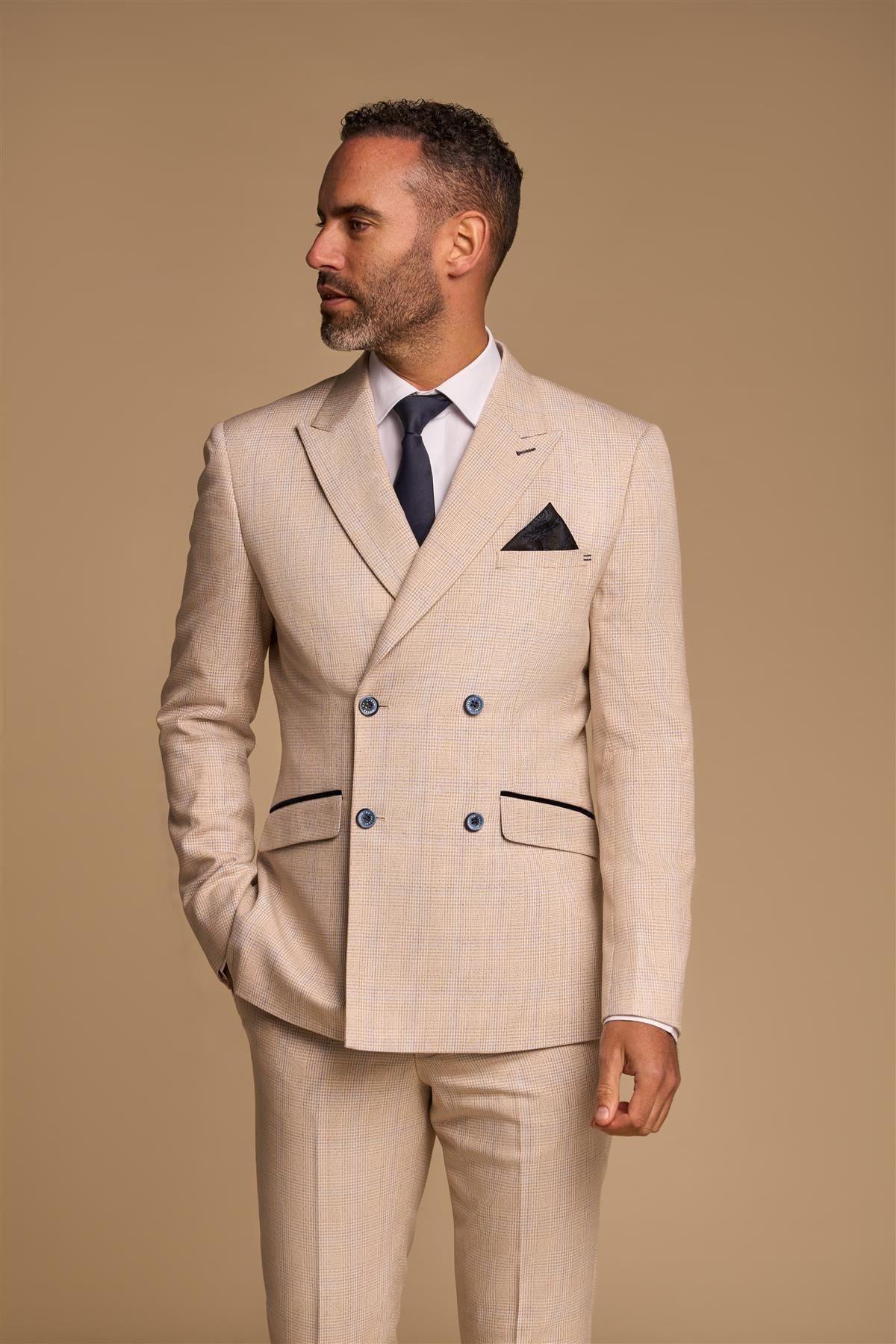 Men's Suit 2 Piece Beige Double Breasted Tailored Fit - Knighthood Store