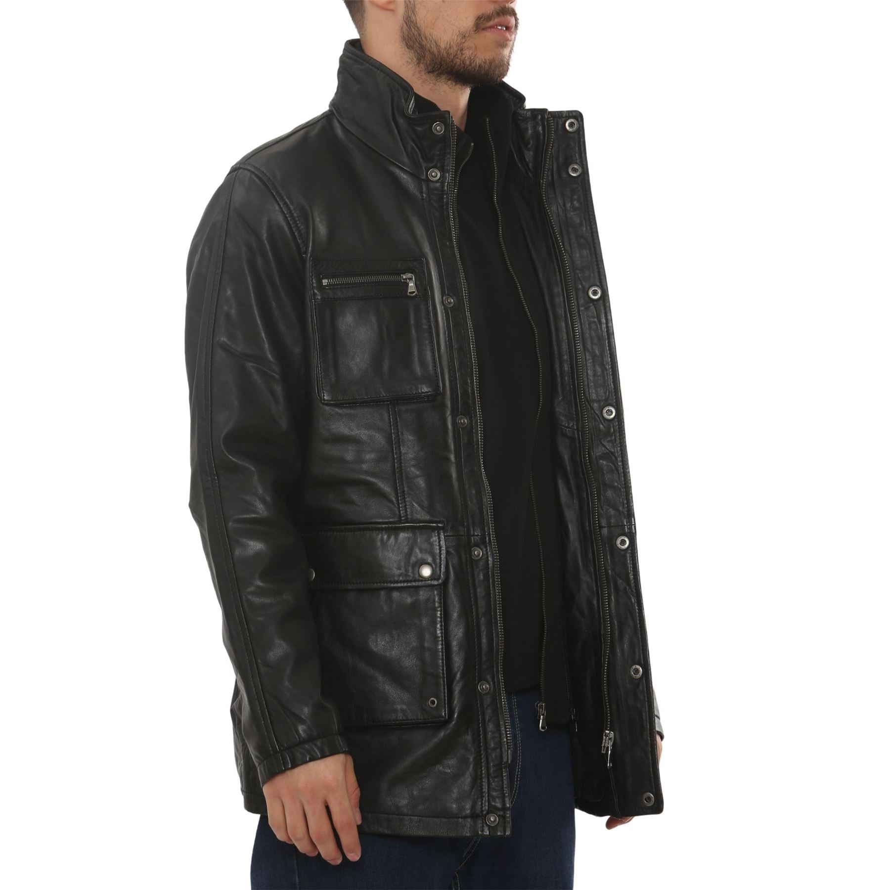Men's Lambskin Leather Stand Collar Field Jacket