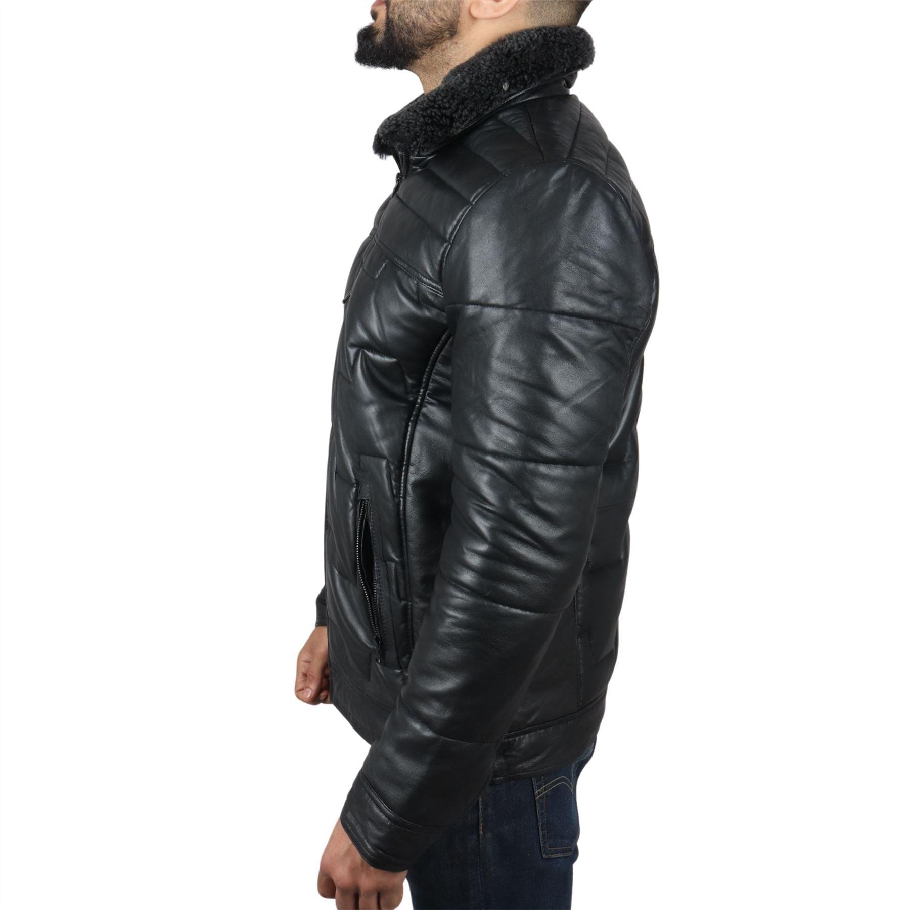 Men's Quilted Padded Real Leather Safari Parka Coat Jacket Fleece Collar - Knighthood Store