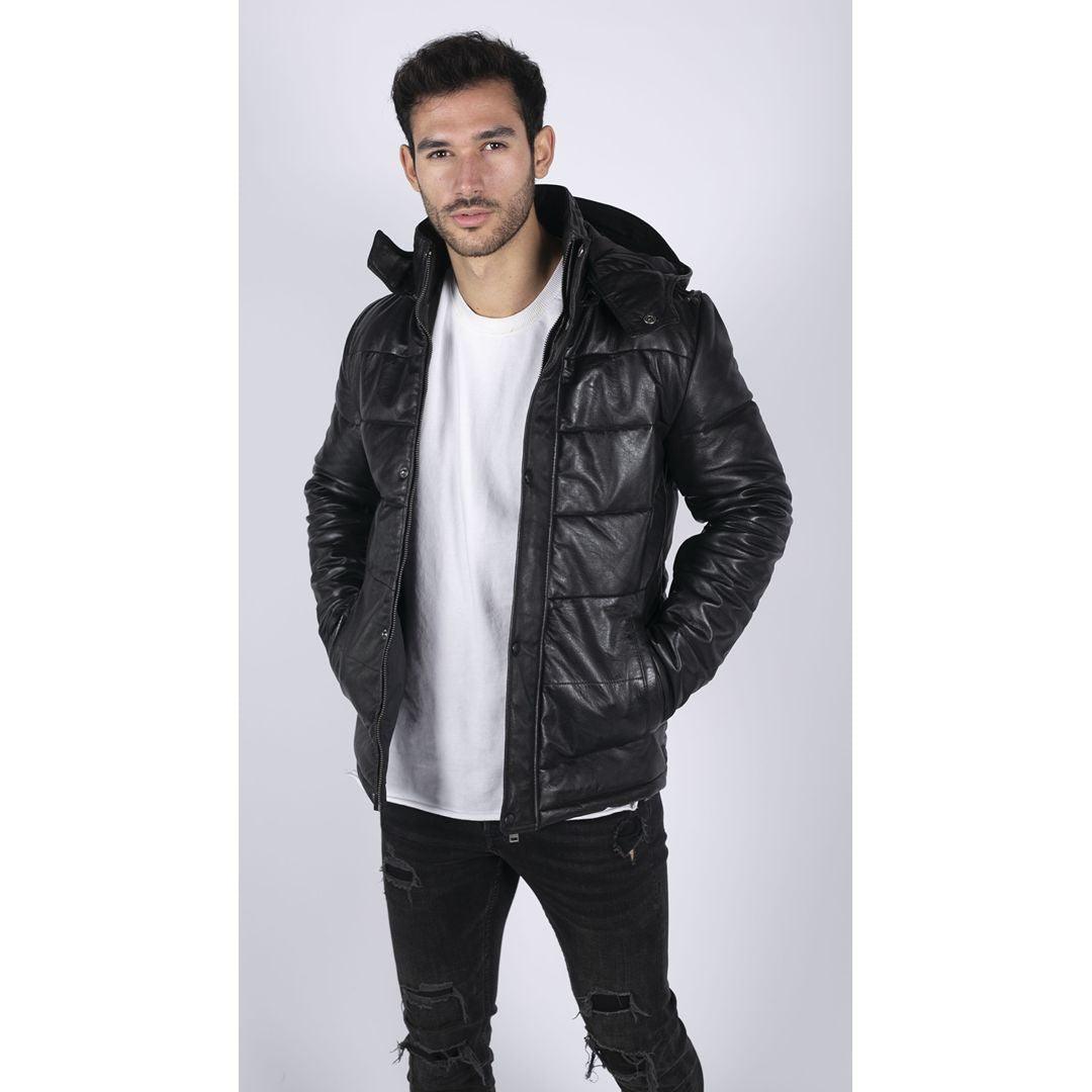 Mens Puffer Hood Quilted Jacket Real Leather Black Casual Retro 80s Classic Casual - Knighthood Store